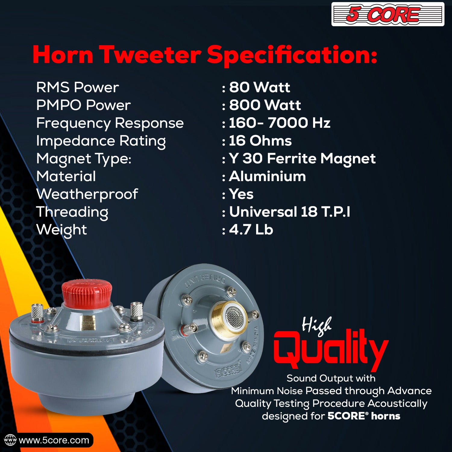 5 Core Compression Driver 800W Peak Aluminium Tweeter Diaphragm 16 Ohm Throat Twist Horn Speaker