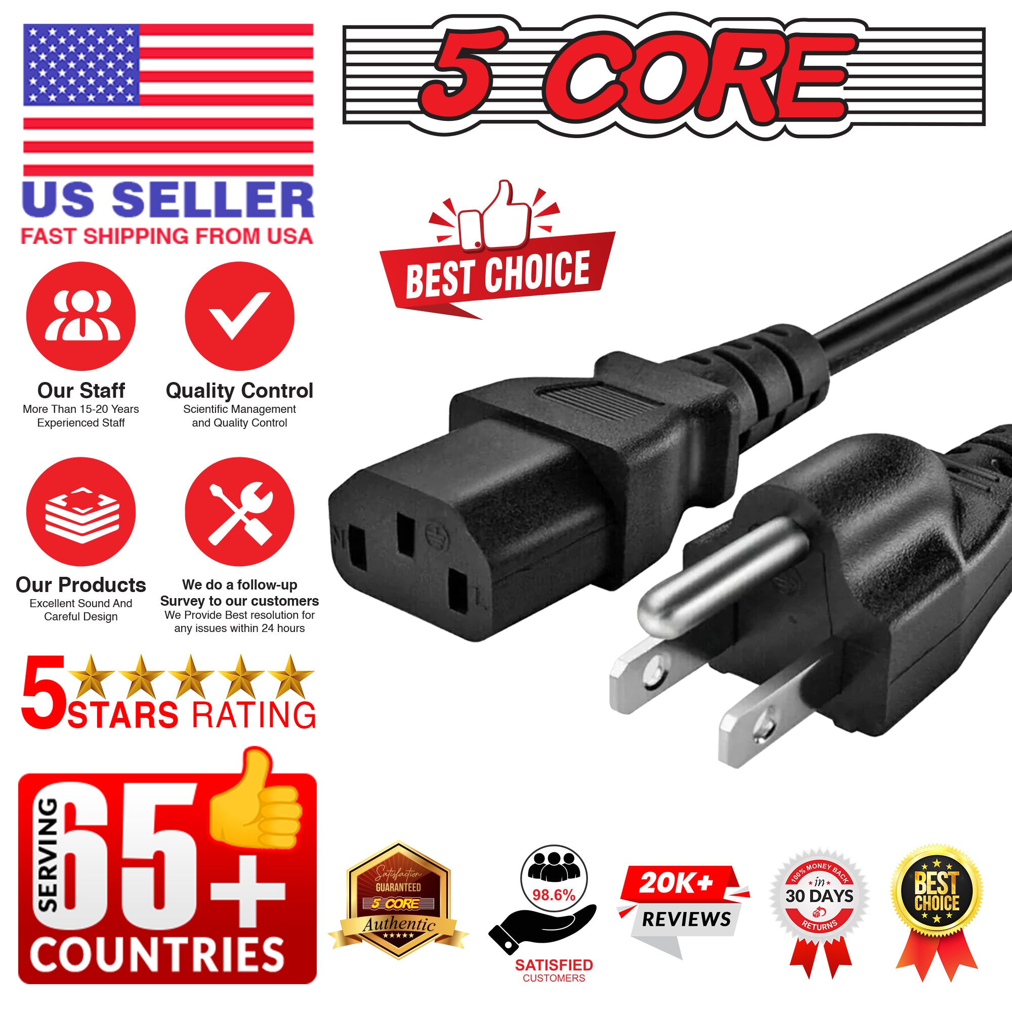 5Core AC Power Extension Cord 10Ft 3 Prong Adapter 16AWG/2C 125V 13A US Polarized Male to Female
