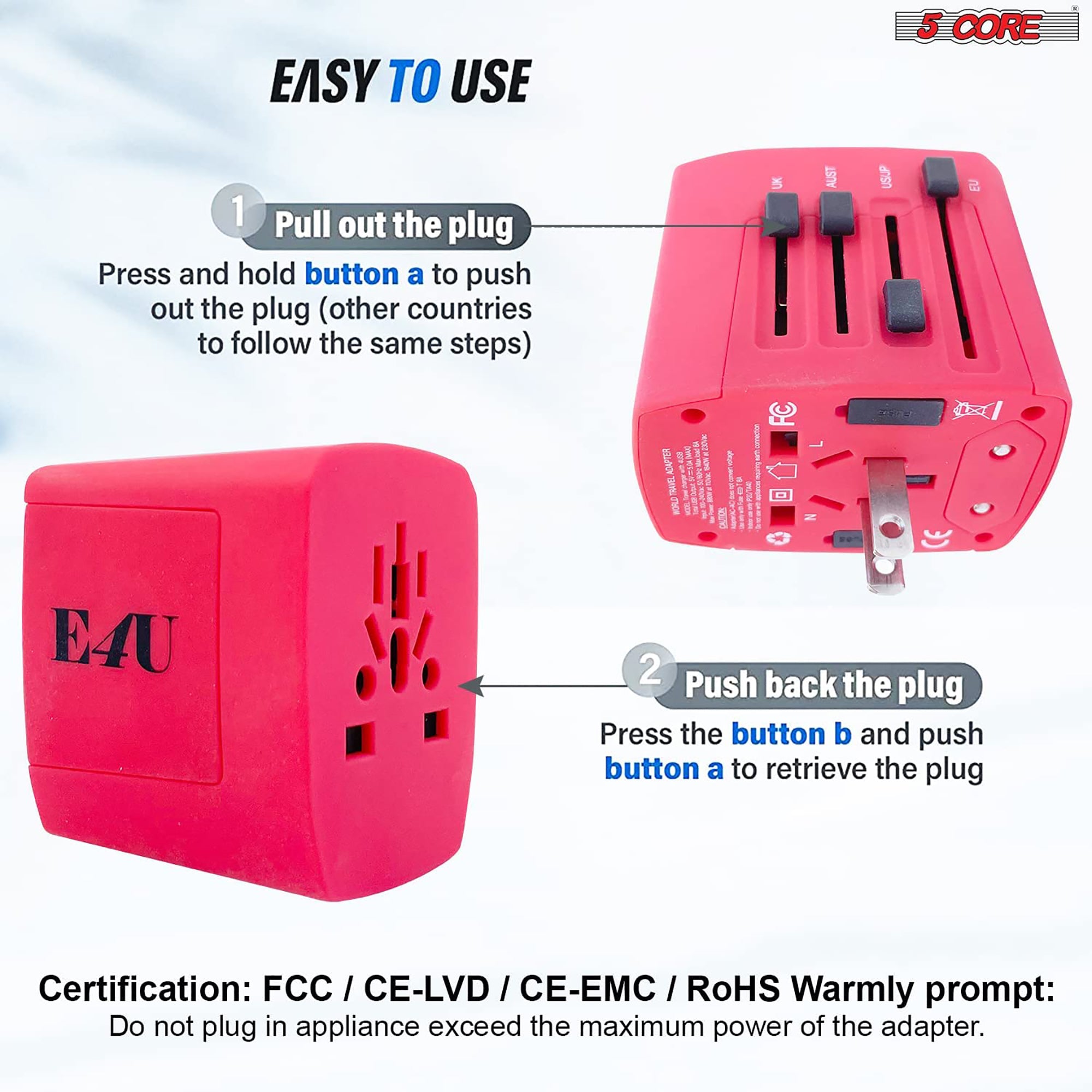 5 Core Travel Adapter 1 Piece Red International Power Adapter Plug Multi Outlet Port 4 USB Travel Charger Universal AC Plug Outlet Adapter- UTA R