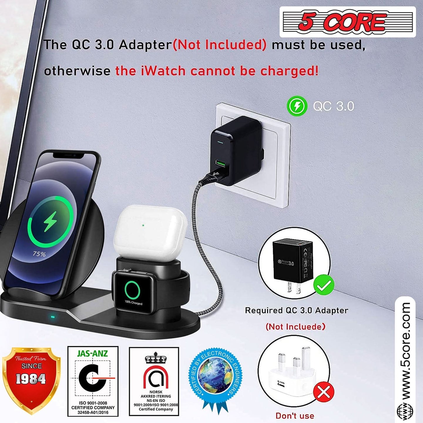 5 Core Wireless Charging Stand: 3-in-1 design for phone, smartwatch, and earpods.