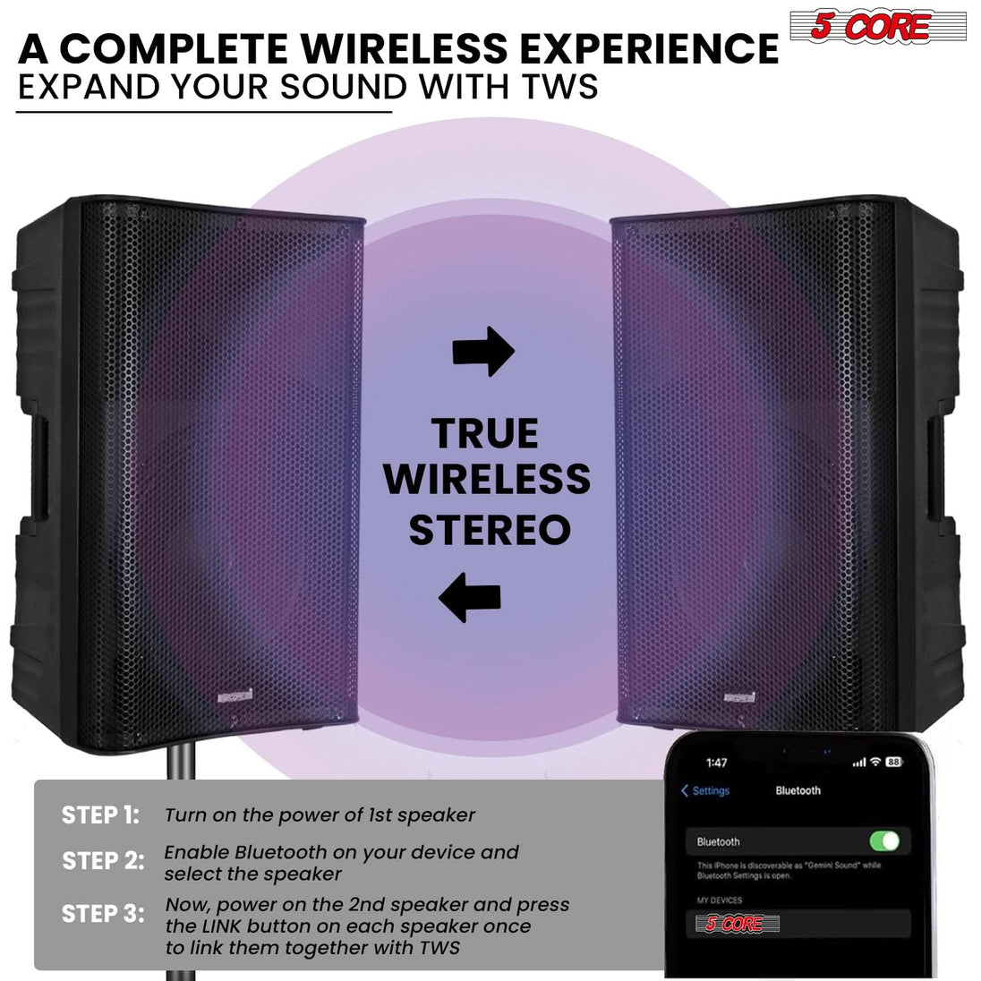 Elevate your karaoke nights with our complete wireless system and expand your sound with True Wireless Stereo (TWS)