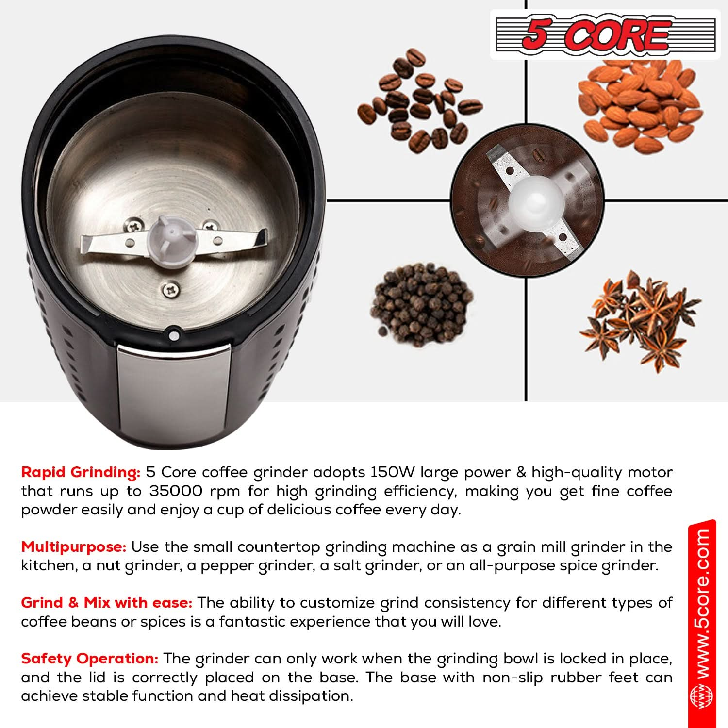 5 Core Coffee Grinder 85 Gram Capacity 150W Electric Bean Spice Grinders Black