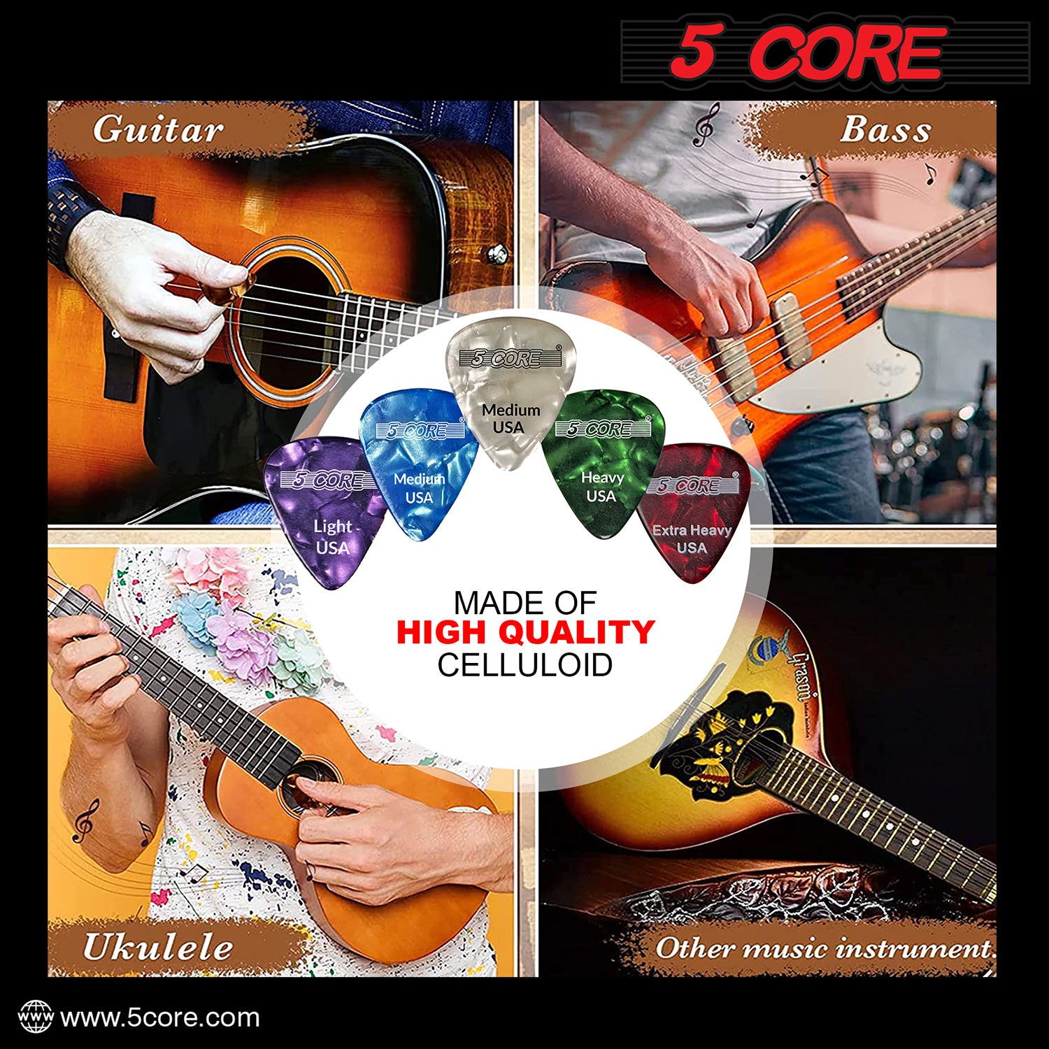 5 Core Celluloid Guitar Picks 48 Pack Purple Light Medium Heavy Extra Heavy Gauge Plectrums for Acoustic Electric Bass Guitar