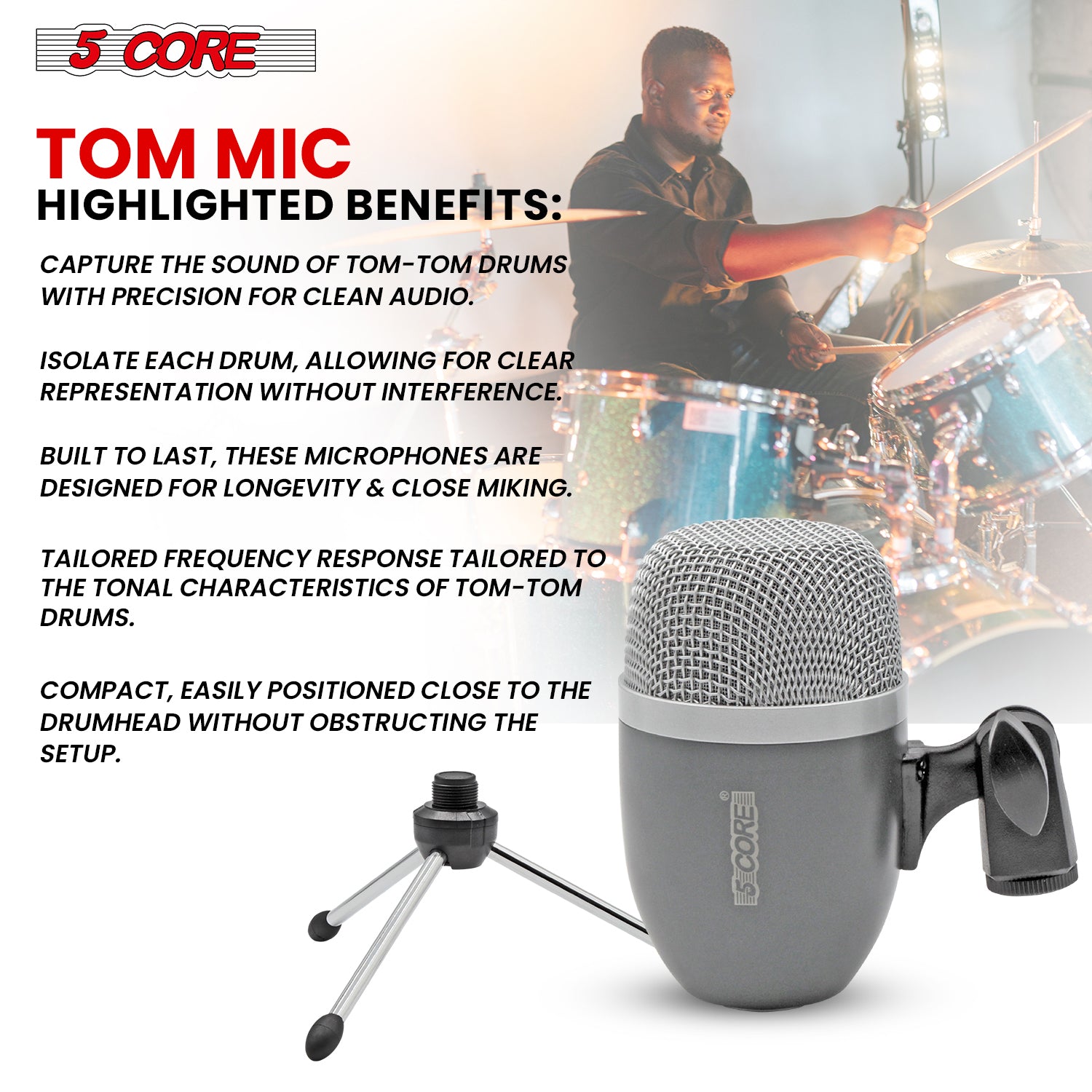 5Core Tom Snare Mic Cardioid Dynamic Microphone for Drum Kit Precision Instrument
