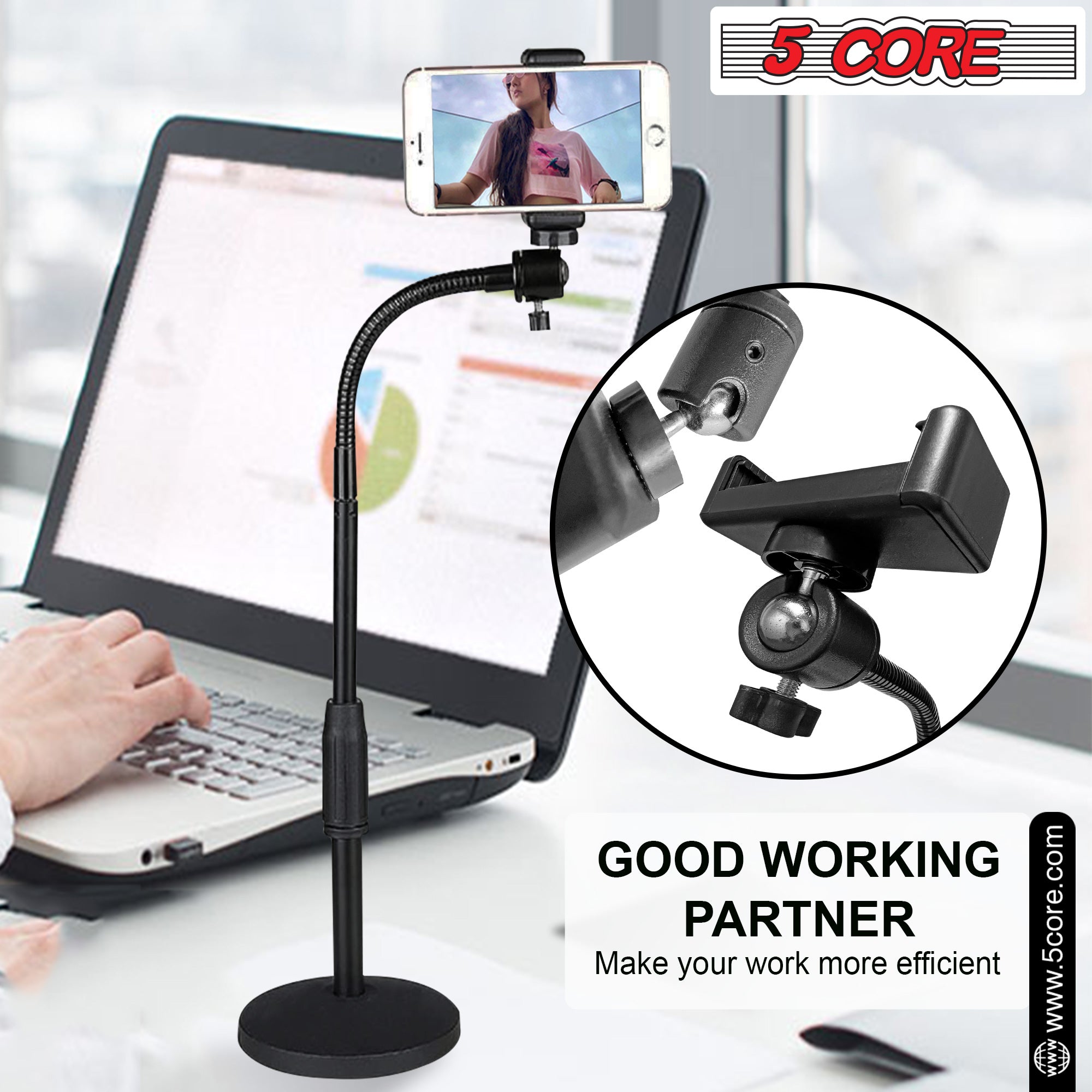 5 Core Cell Phone Stand Adjustable Height & Angle Gooseneck Stand for Desk Flexible Arm Mobile Holder Compatible with 3.5 to 6.5 Inch Device -RBS MOB