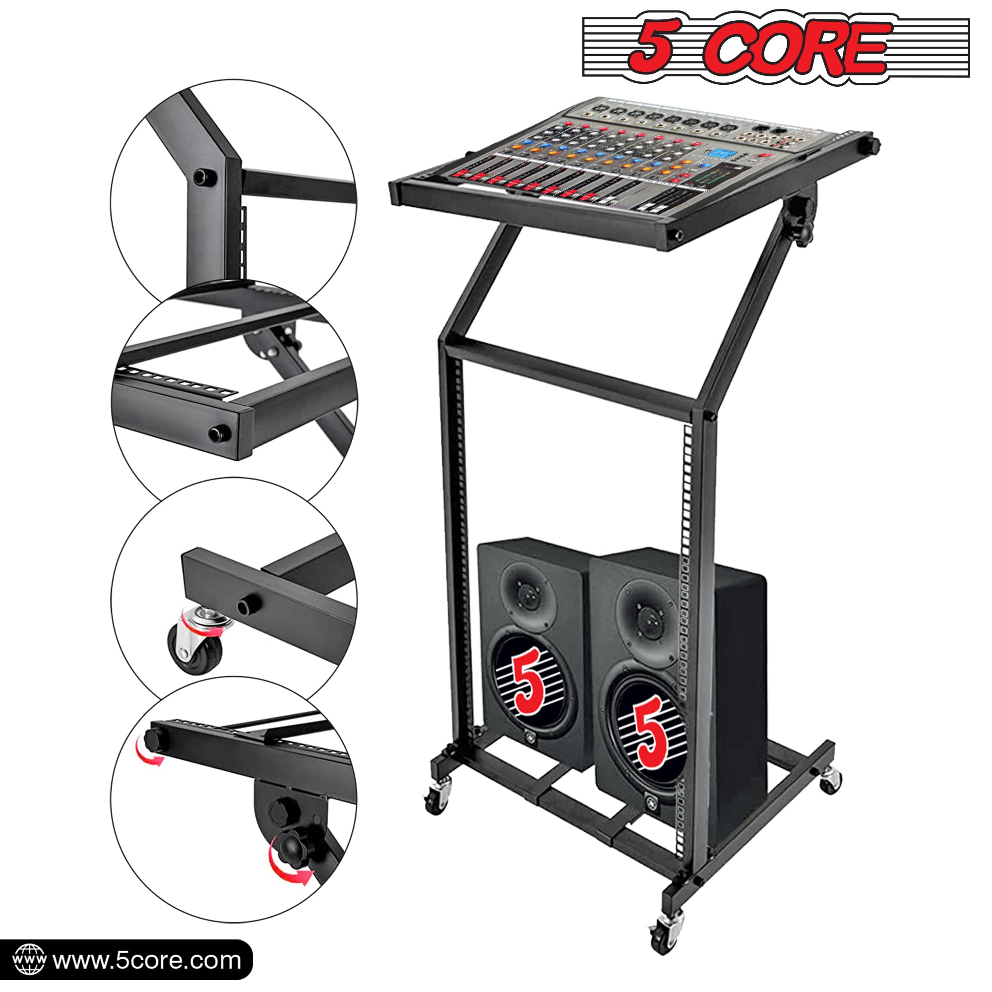 5Core 16U DJ Mixer Audio Rack Stand Adjustable Mount Professional Rolling Stage Mixer Table w Wheel