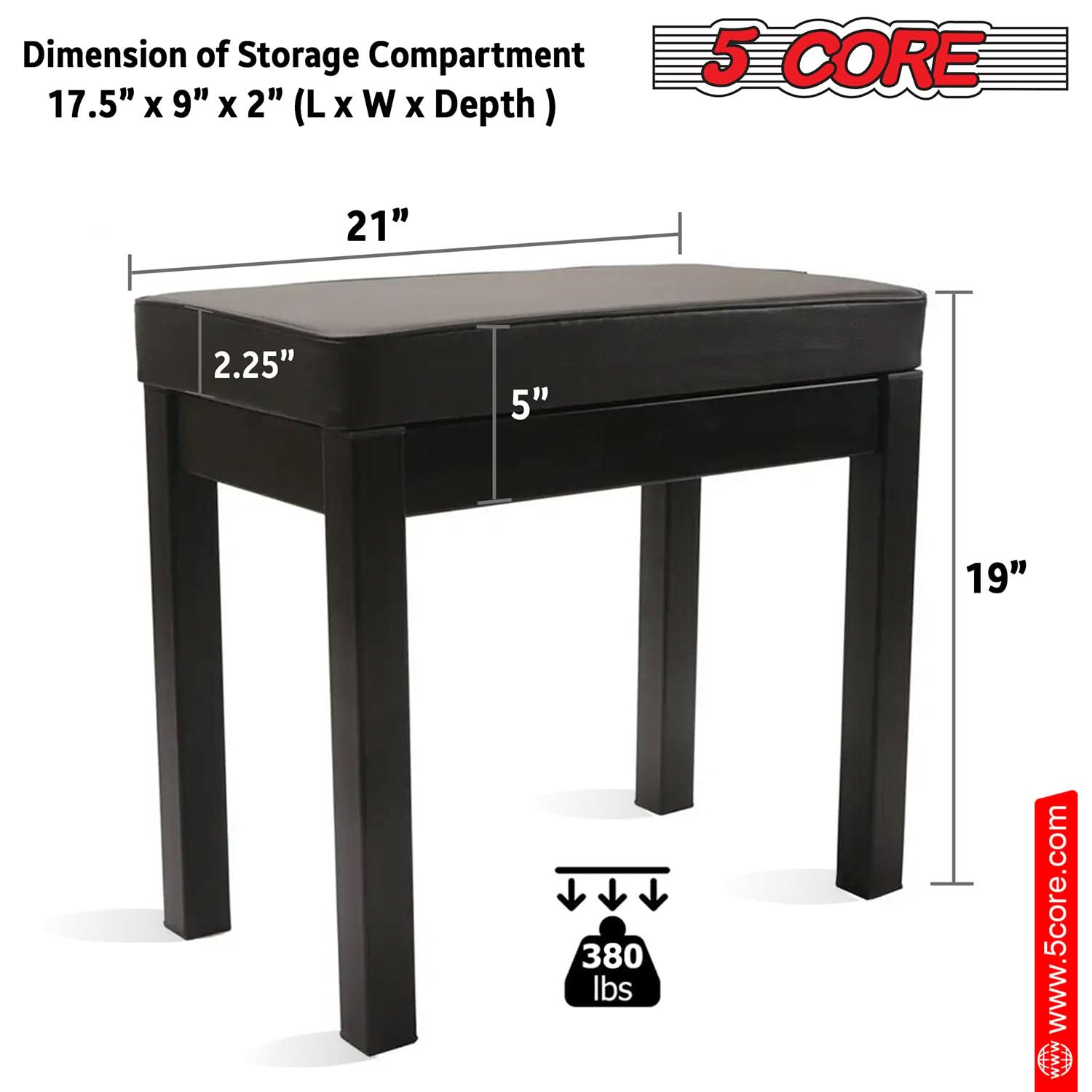 5Core Piano Bench with Storage Compartment Keyboard Stool w Iron Legs Comfortable Waterproof Seat