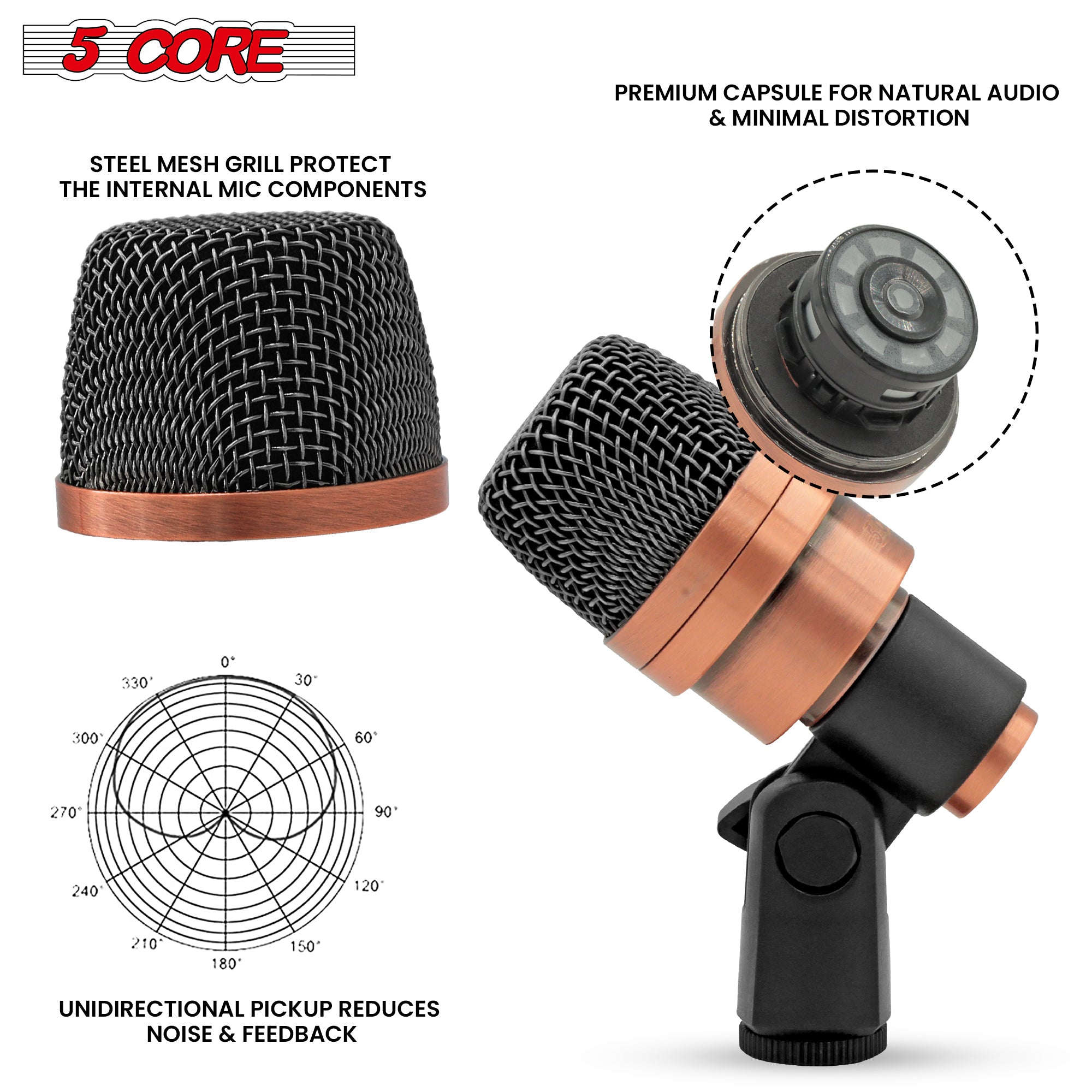 5 Core Snare Microphone • XLR Wired Uni Directional Tom Drum and Other Musical Instrument Mic