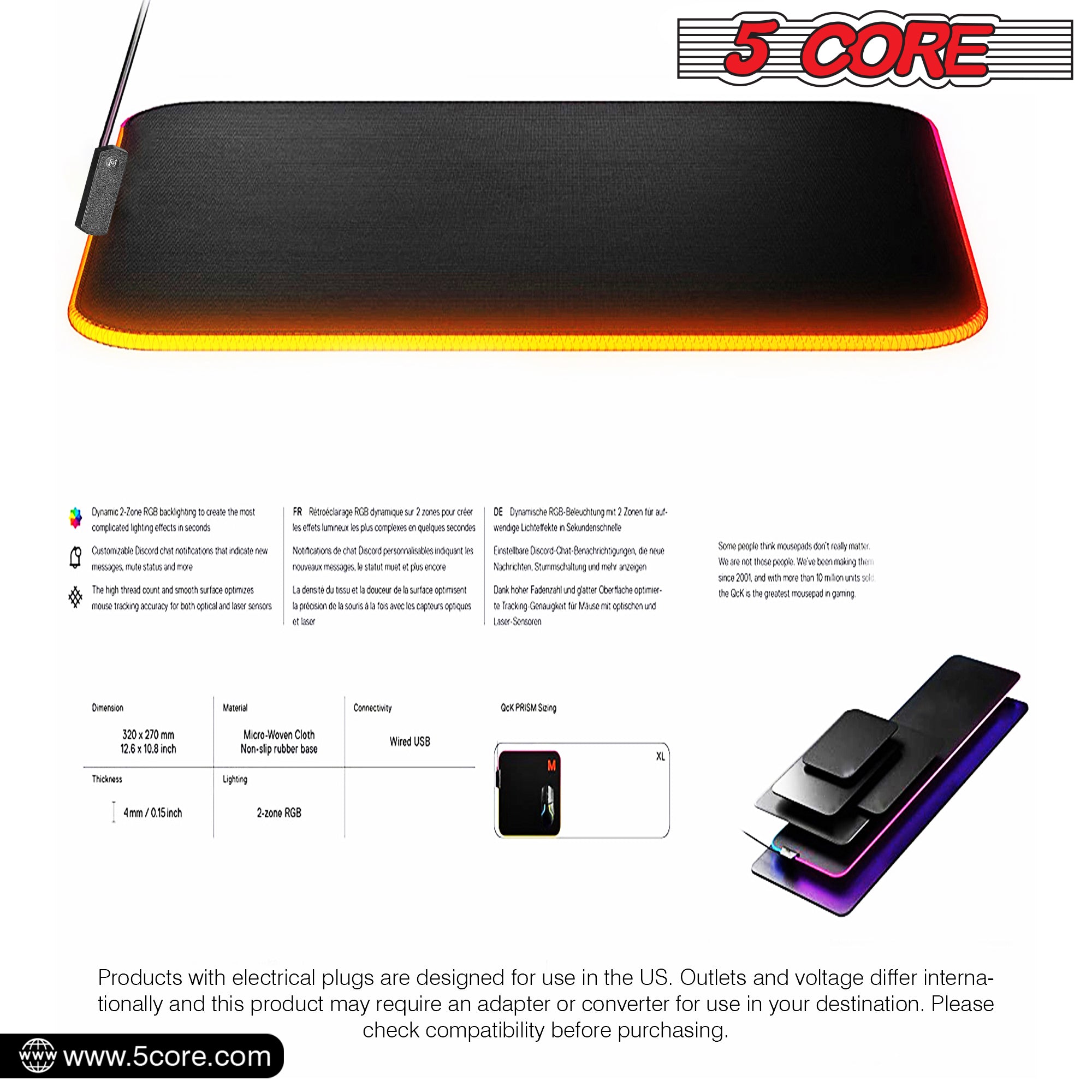5 Core Gaming Mouse Pad RGB • 12 Light Modes 2 Zone • High-Performance Mouse Mat • w Rubber Base