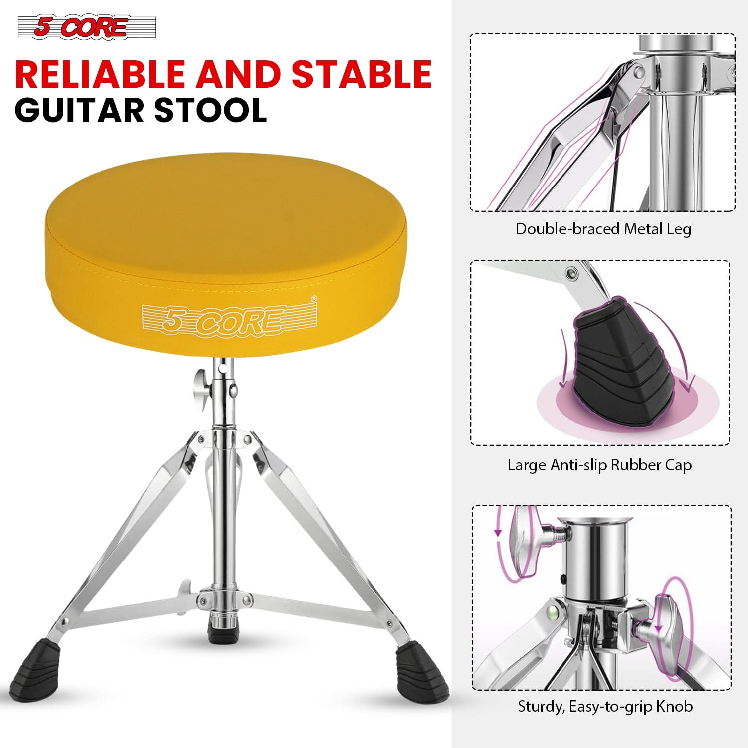 Durable drummer seats for adults and kids with double-braced metal legs, large anti-slip rubber caps, and sturdy, easy-to-grip knob