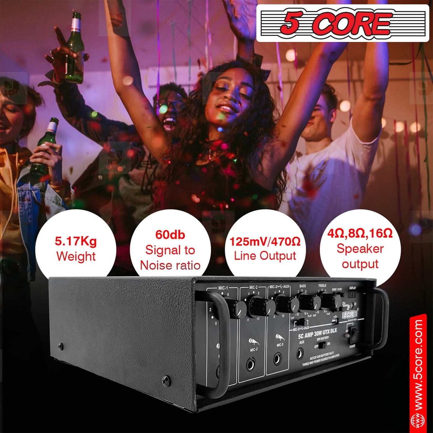 5 Core Surround Audio Amplifier: Home PA speaker system for outdoor DJ and karaoke events.