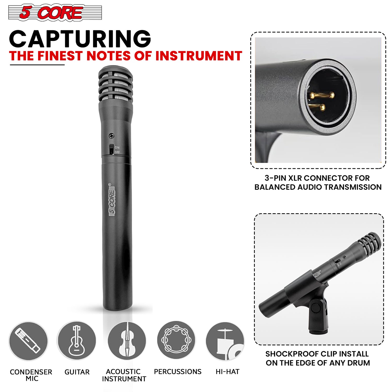 5 Core Instrument Microphone Cardioid Uni Directional Pickup for Live Performances and Recording