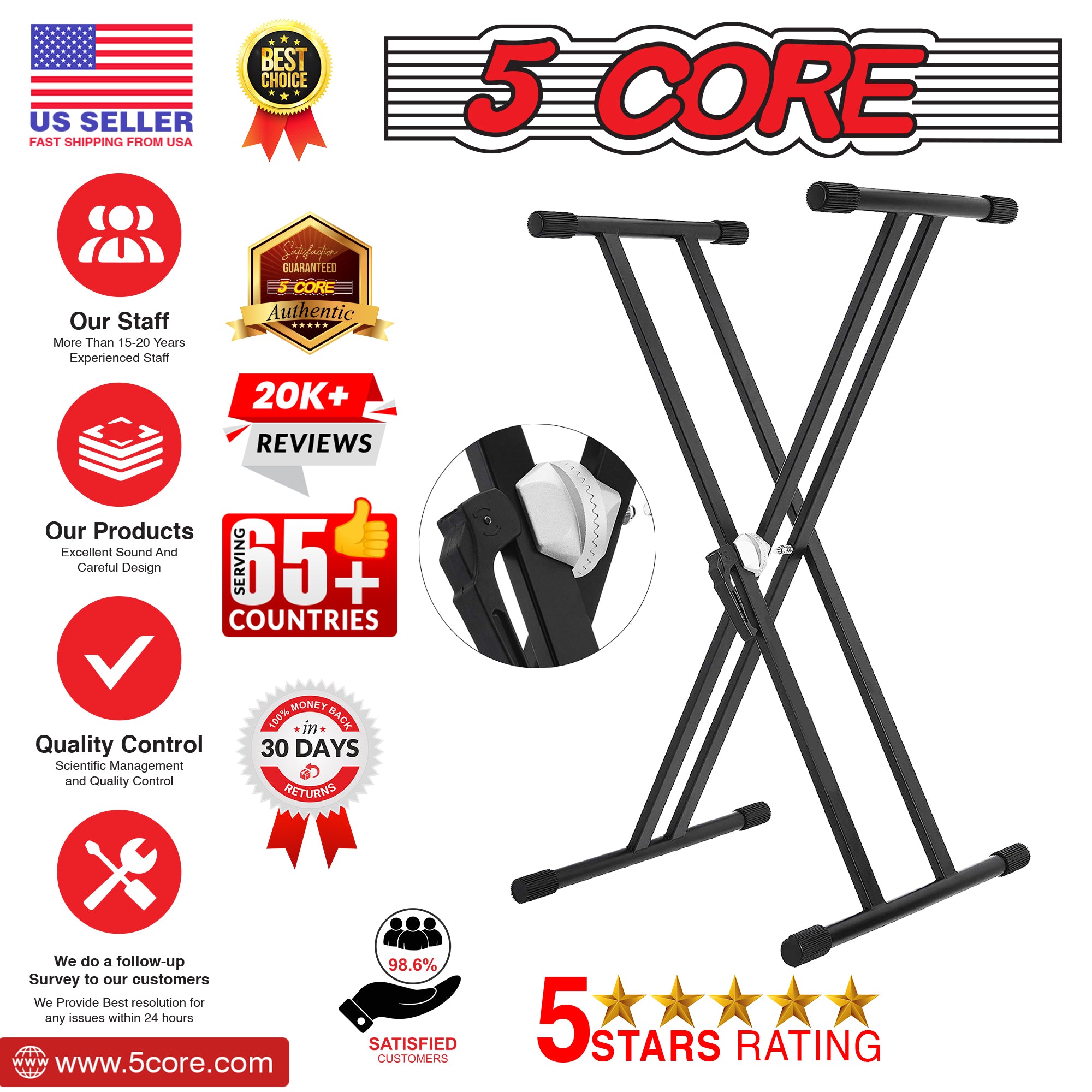5 Core Piano Stand Double Braced w Gear Adjustable Keyboard Stands Metal X Style On Stage Keyboard Seat Durable & Sturdy -KS 2X GEAR