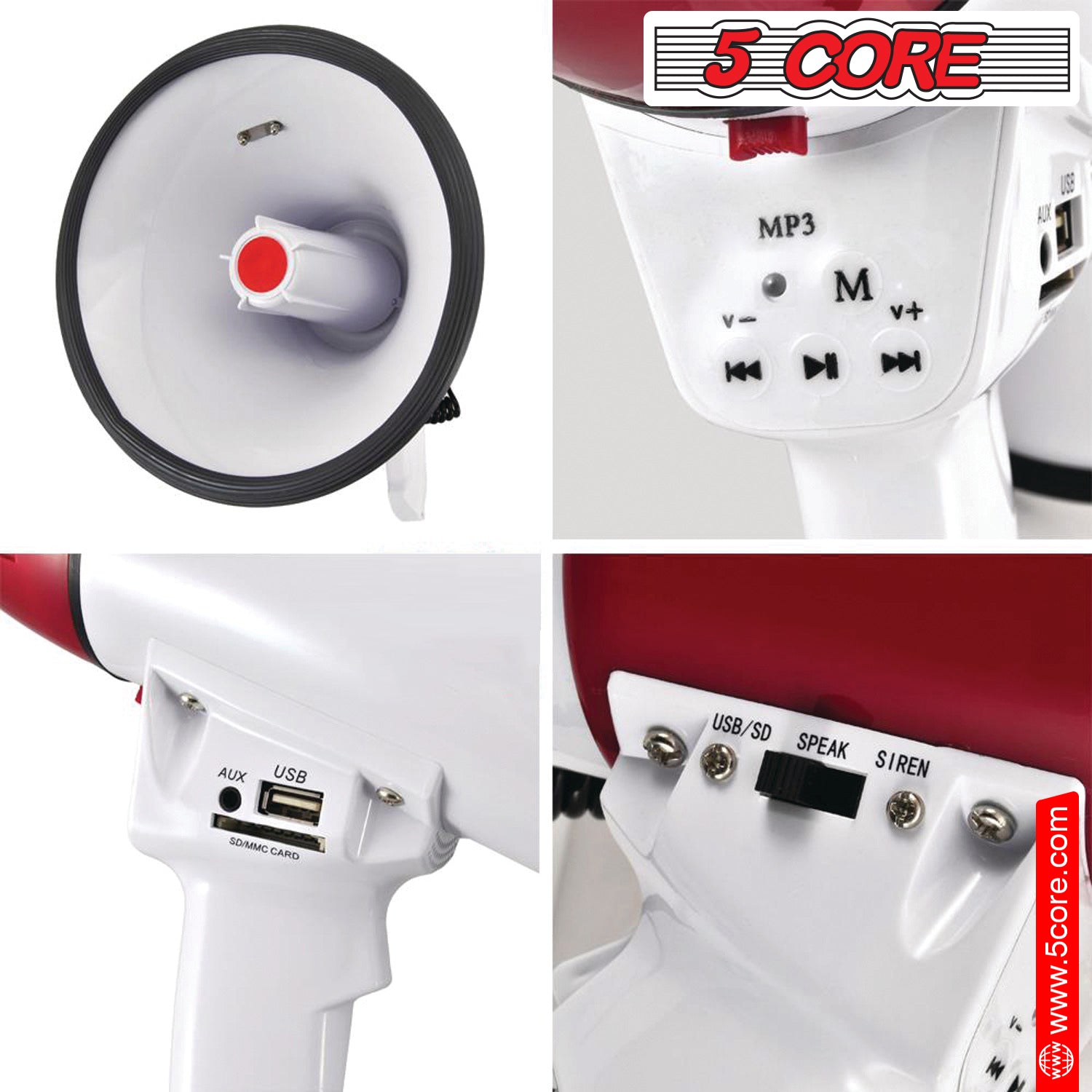 5 Core High Power Megaphone 50W Loud Siren Noise Maker Professional Bullhorn Speaker PA System w Recording USB SD Card Adjustable Volume -66SF