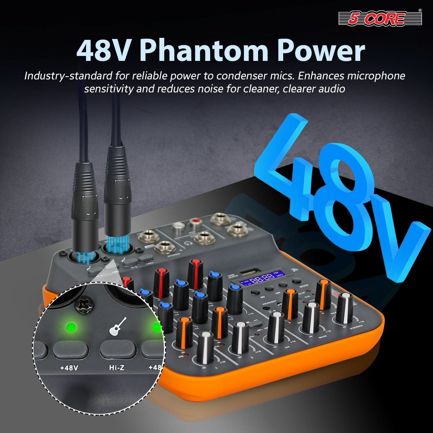 Experience professional audio quality with our USB mixer featuring 48V phantom power for pristine sound recording