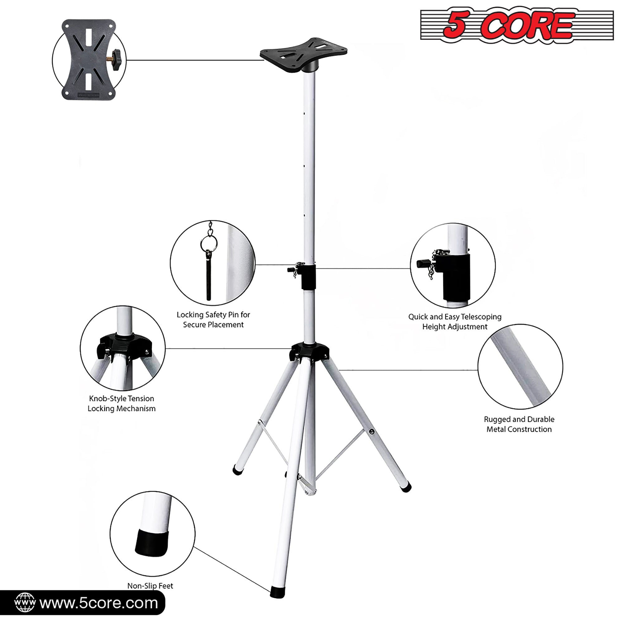 5 Core speaker Stand 2 Pieces Subwoofer Stands White Height Adjustable Light Weight Studio PA Speaker Holder for Large Speakers w Locking Safety PIN and 35mm Compatible Insert On Stage In Studio Use - SS ECO 2PK WH WoB