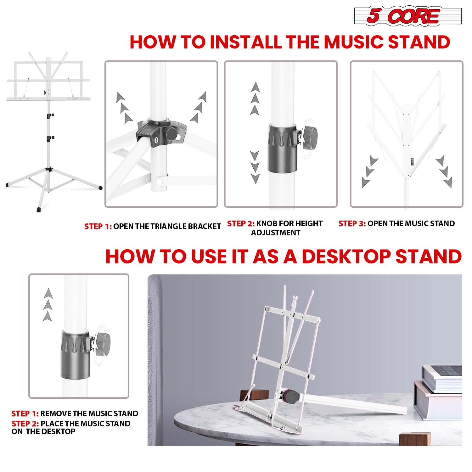 5Core Music Stand For Sheet Music Portable Tripod Adjustable Folding Note Holder WHITE