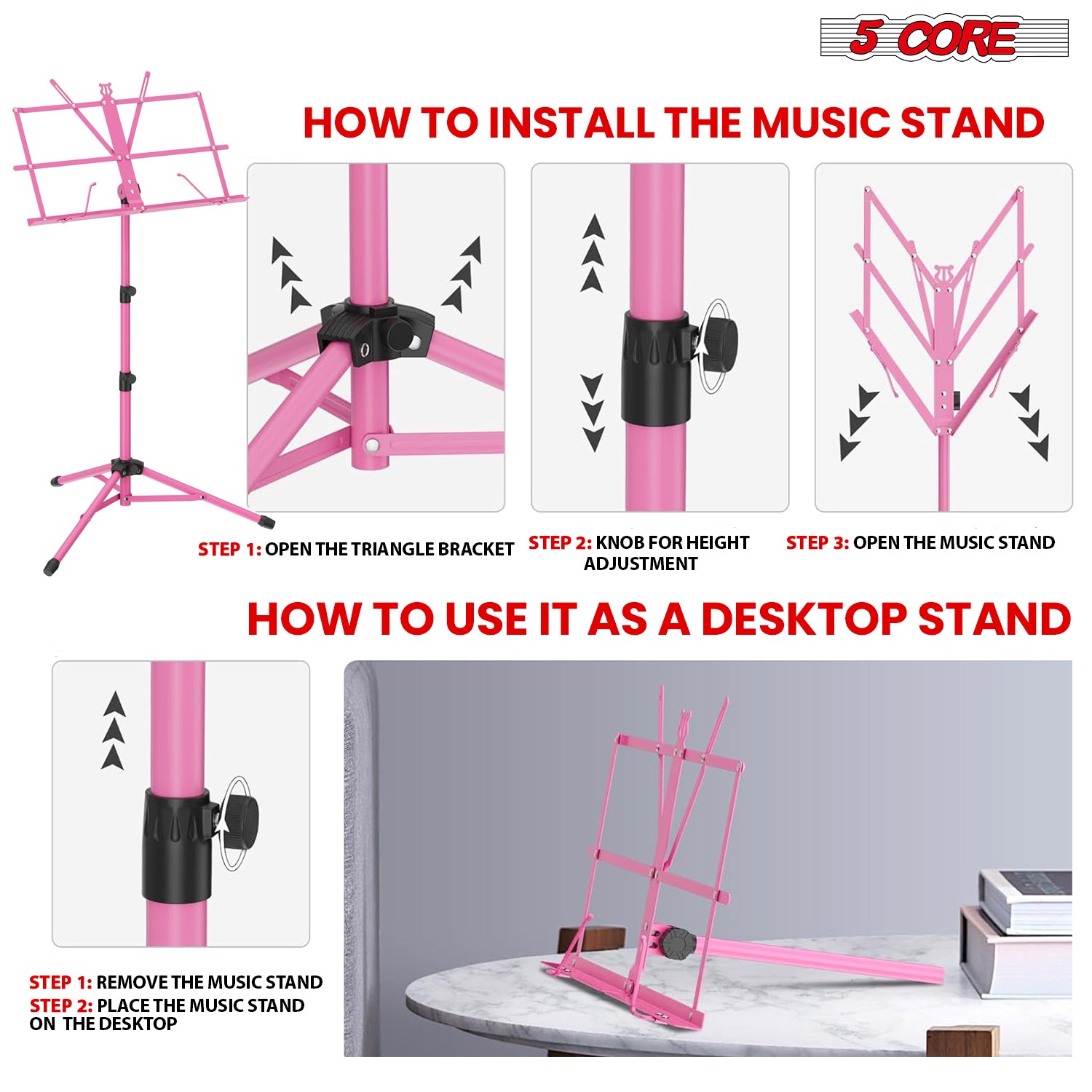 5Core Music Stand For Sheet Music Portable Tripod Adjustable Folding Note Holder Standard PINK