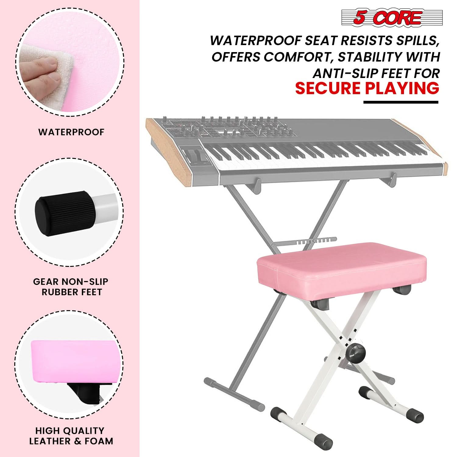 5 Core Keyboard Bench X Style Piano Stool Heavy Duty Adjustable Keyboards Chair Pink