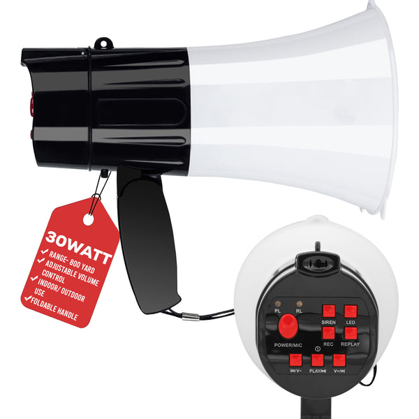 5Core Megaphone Bullhorn Speaker 30W LED Bull Horn Battery Power Cheer Megafono 800 Yard