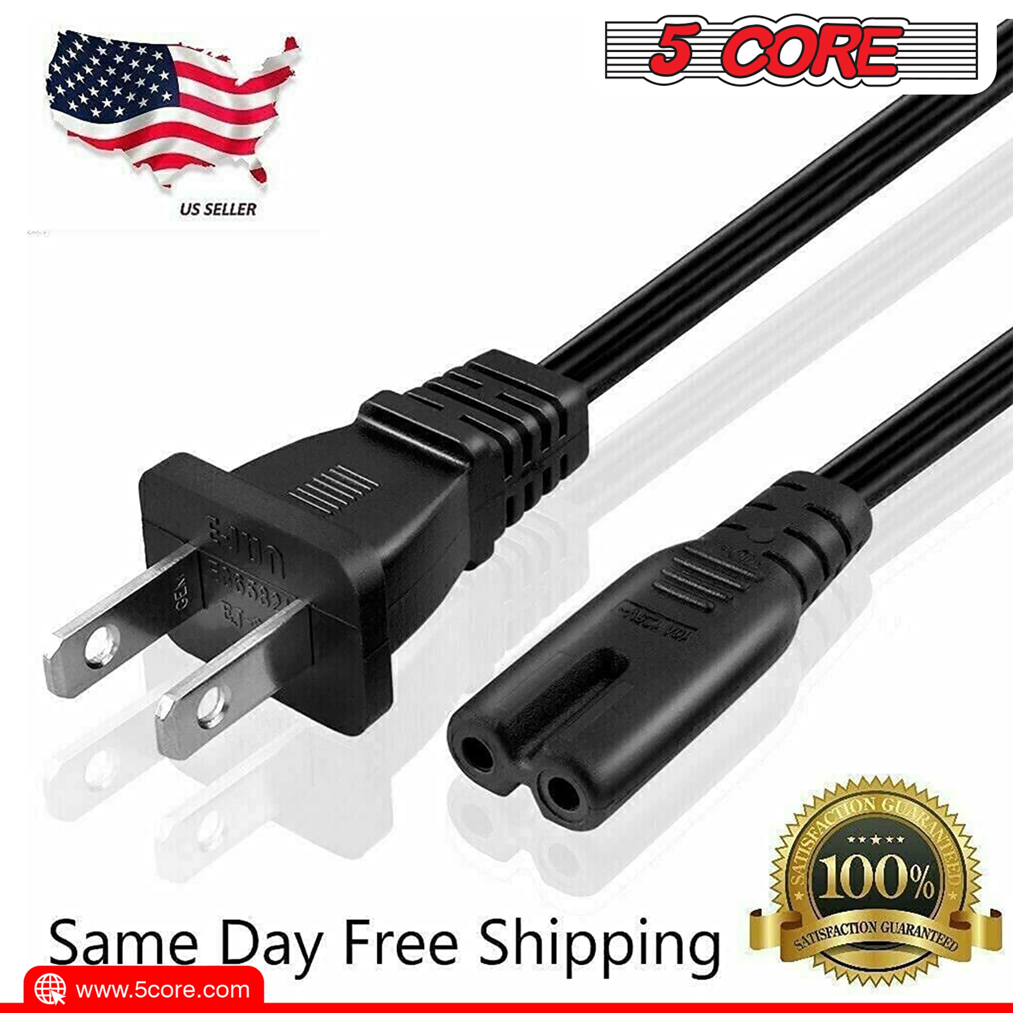 5 Core AC Power Cord 12 Ft • 2 Prong US Male to Female Extension Adapter • 16AWG/2C 125V 13A