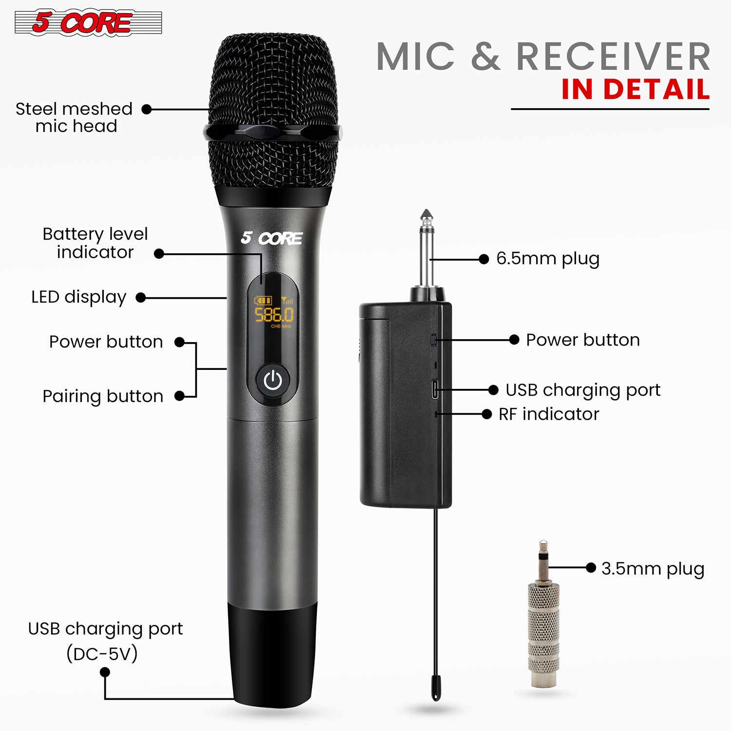 5 Core UHF Wireless Microphone 210FT Max Range Karaoke DynamicMicrofono Inalambrico Cardioid