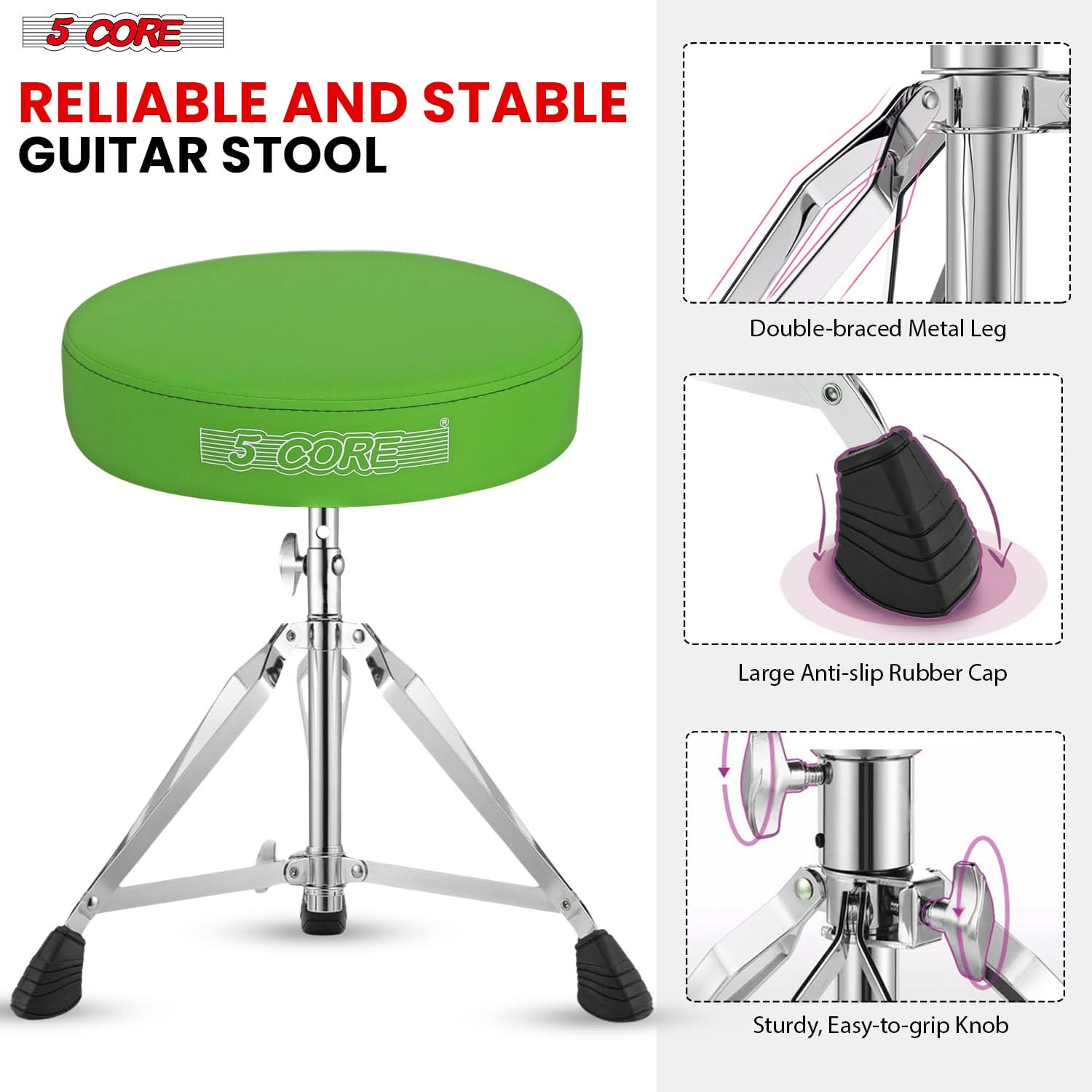 Durable drummer seats for adults and kids with double-braced metal legs, large anti-slip rubber caps, and sturdy, easy-to-grip knob