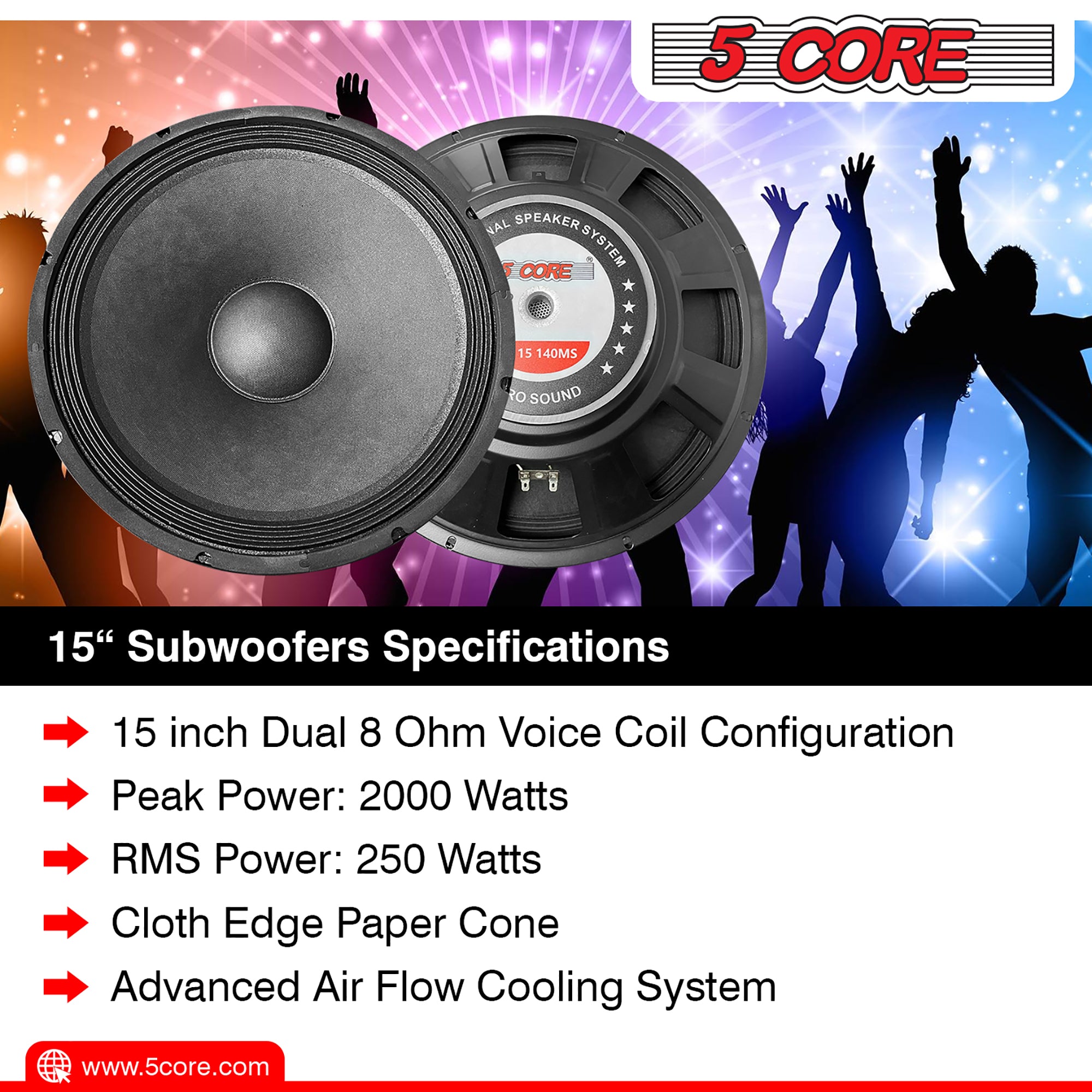 5 Core 15 Inch Subwoofer Speaker 250W RMS Full Range DJ Sub Woofer Systems 8 Ohm 60 OZ Magnet Raw Replacement Stereo Subwoofers -FR 15 140 MS 2PCS