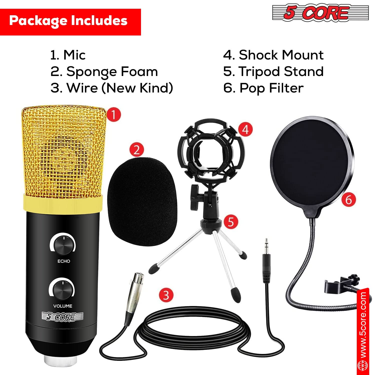 5Core Recording Microphone Podcast Bundle Professional Condenser Cardioid Mic Kit w Boom Arm