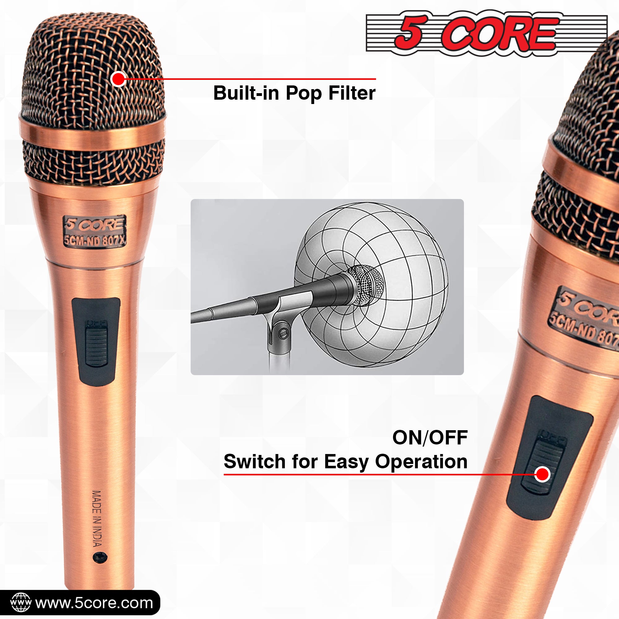 5 Core Microphone Professional Dynamic Karaoke XLR Wired Mic w ON/OFF Switch Pop Filter Cardioid Unidirectional Micrófono -ND-807 CoppereX
