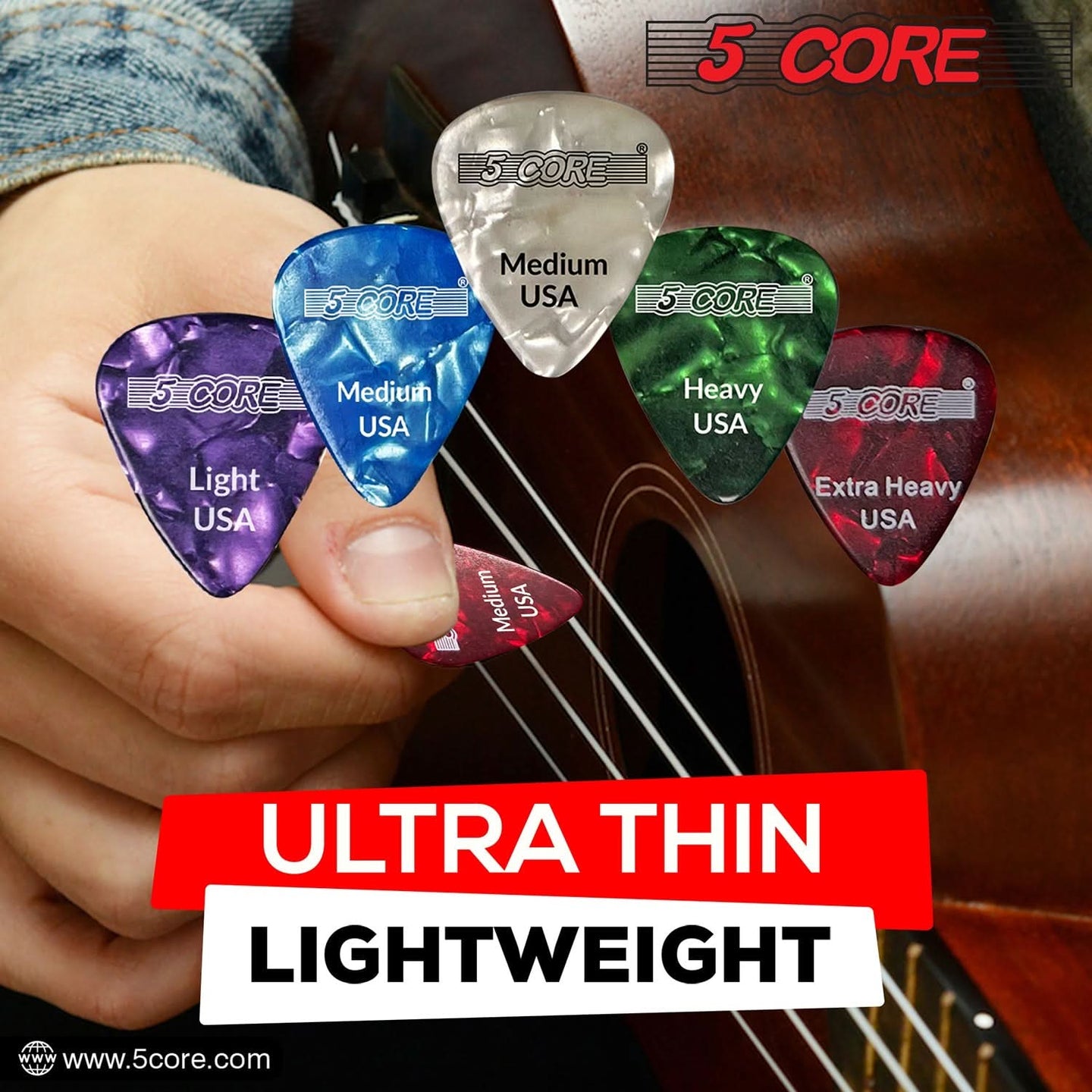 5 Core Guitar Plectrums Set with Light to Extra Heavy Gauges