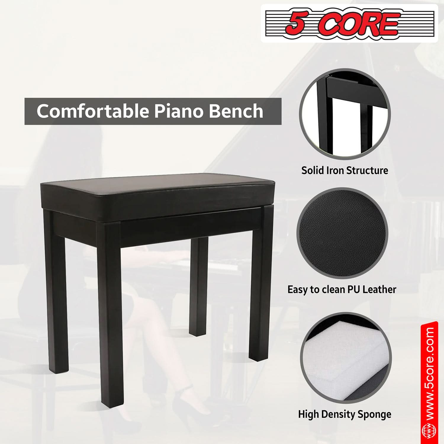 5Core Piano Bench with Storage Compartment Keyboard Stool w Iron Legs Comfortable Waterproof Seat