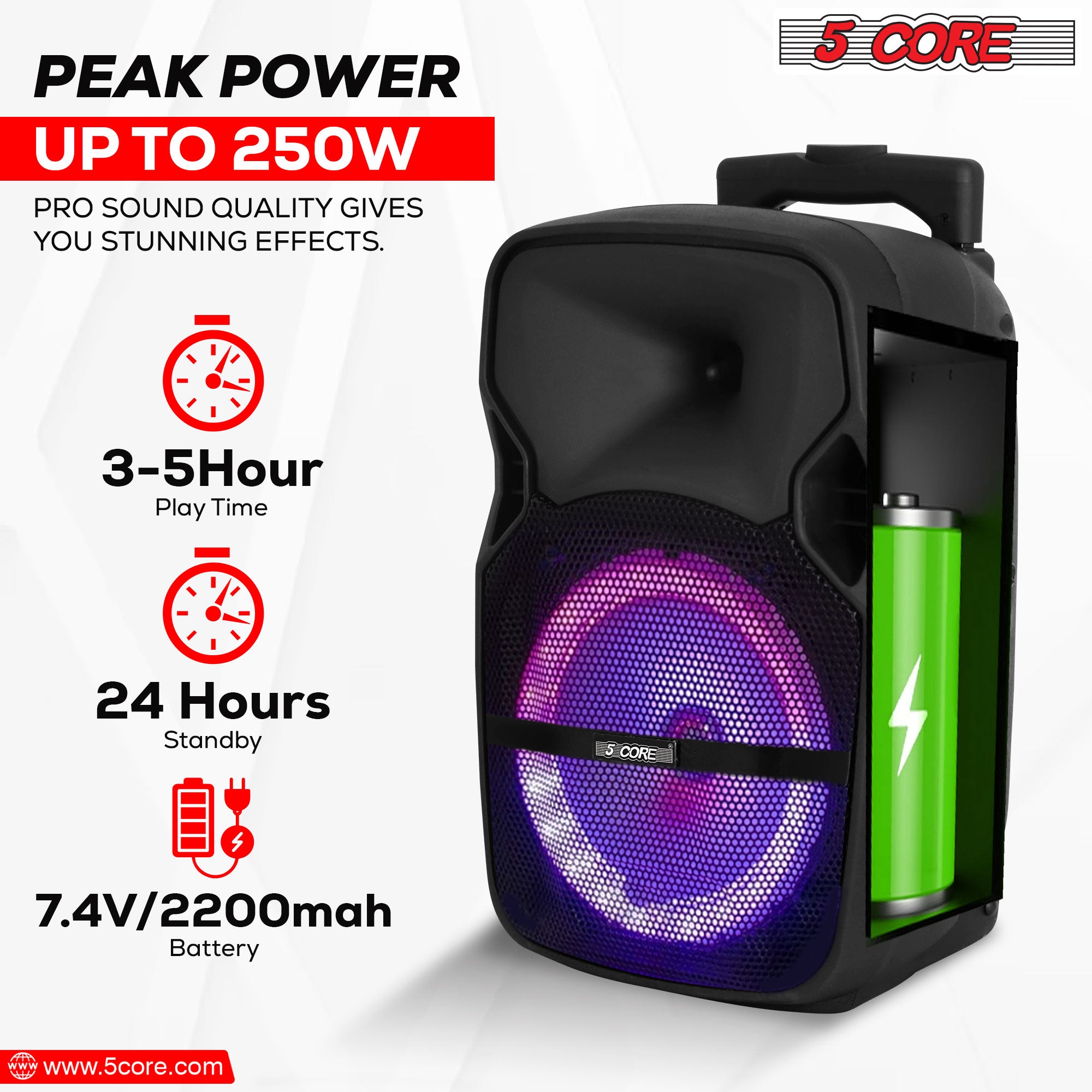 5 Core DJ speakers 8" Rechargeable Powered PA system 250W Loud Speaker Bluetooth USB SD Card AUX MP3 FM LED Ring - ACTIVE HOME 8 2-MIC