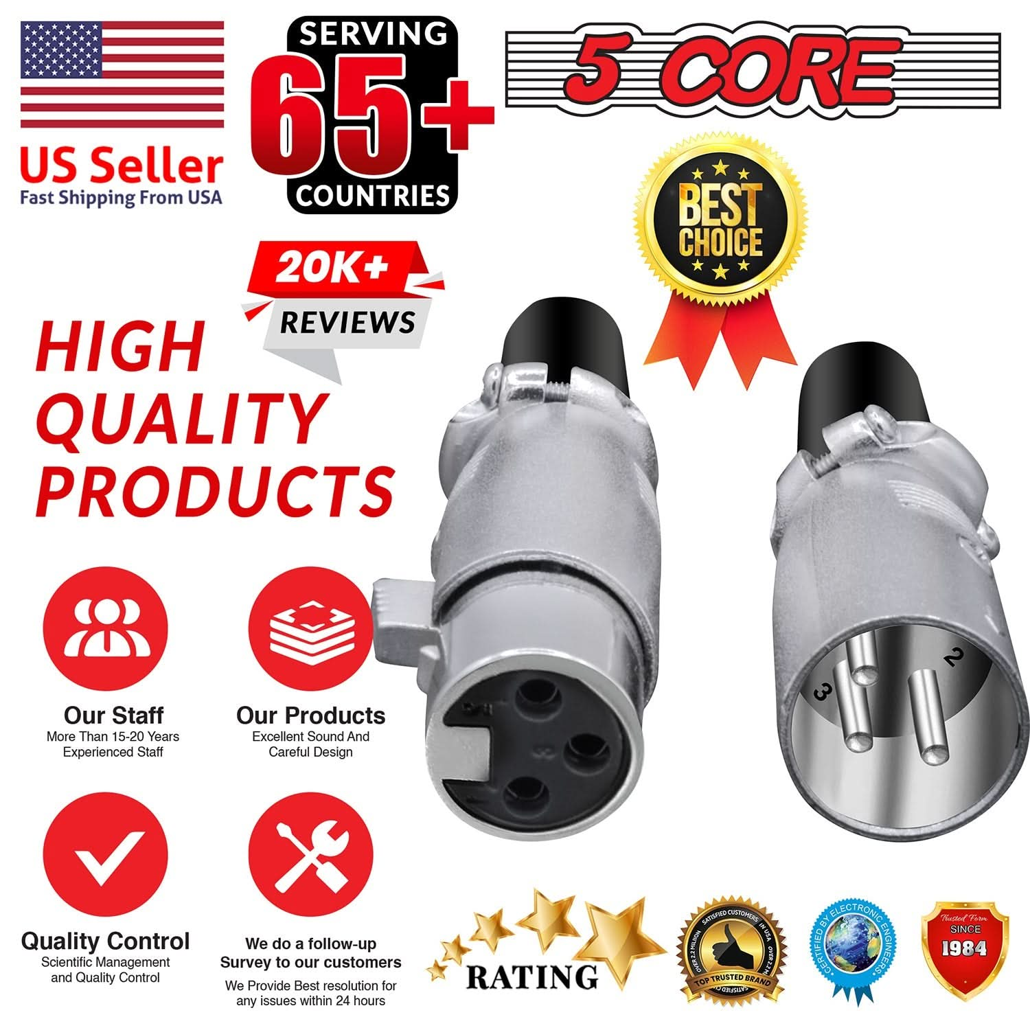 5Core XLR Connector Male Female to 1/4 Audio Jack 3 Pin Secure Mic Plug w Locking Ends