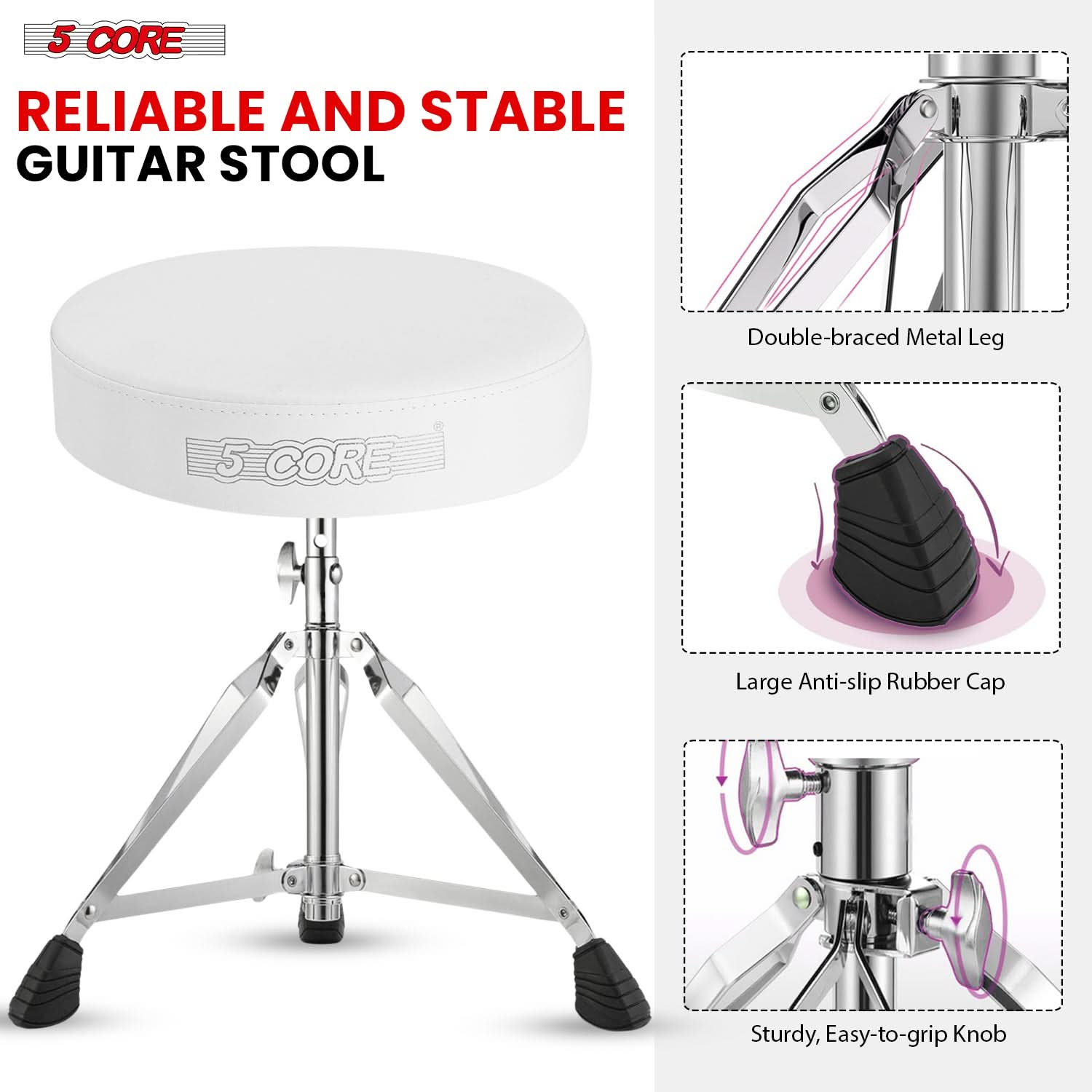 Durable drummer seats for adults and kids with double-braced metal legs, large anti-slip rubber caps, and sturdy, easy-to-grip knob