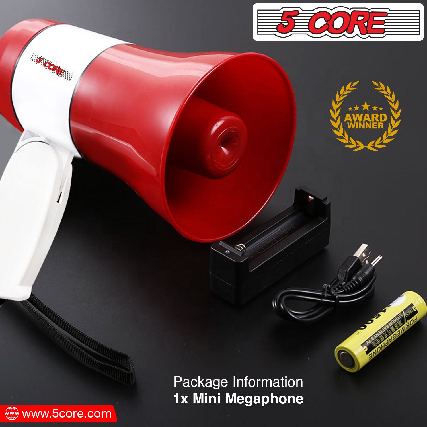 5 Core Mini Portable Megaphone • 30W Bullhorn with Siren • Adjustable Volume • 800 Yards Rage