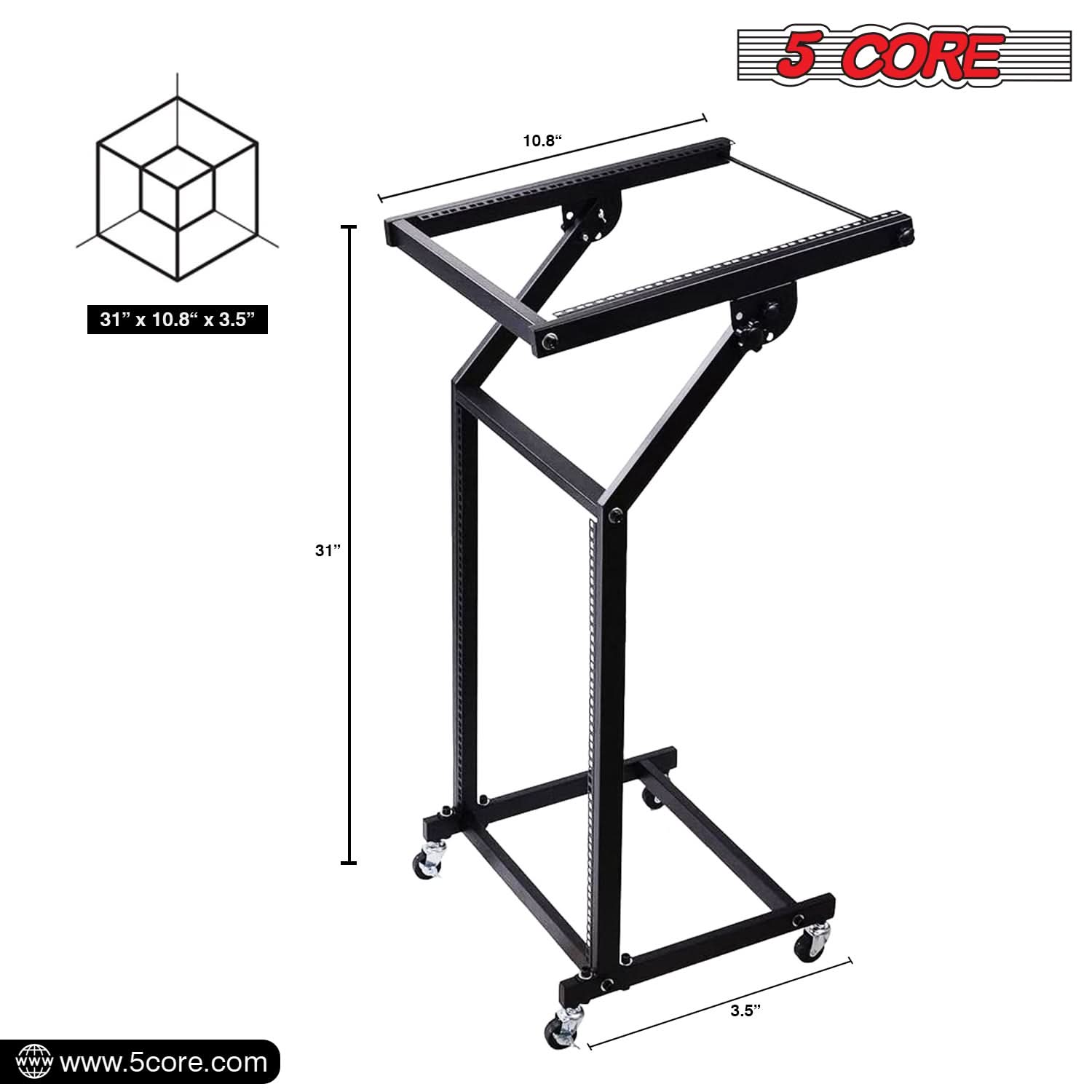 5Core DJ Mixer Stand 12U Adjustable Rack Mount Rolling Stage Cart Pro Audio Studio Equipment w Wheel