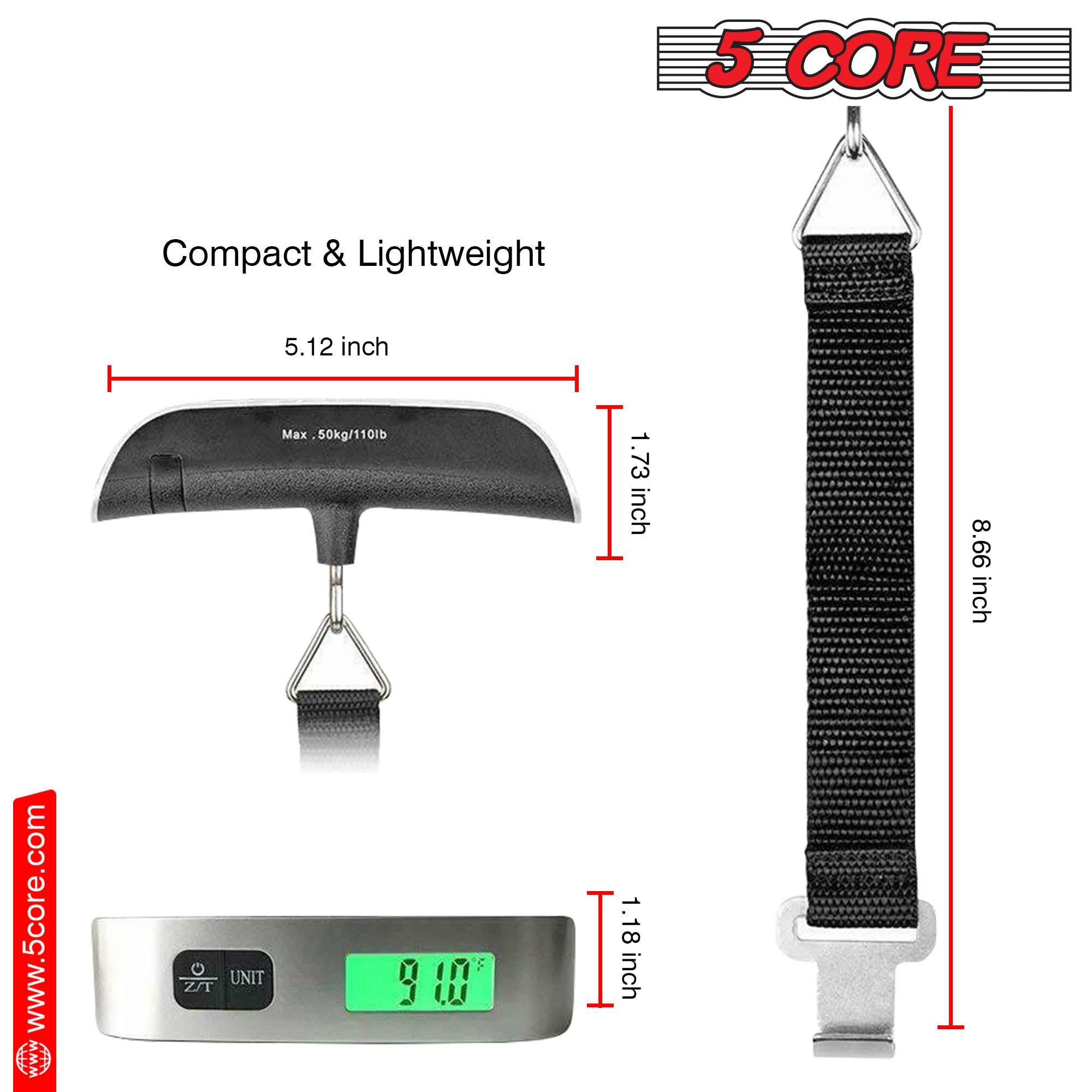 Luggage Scale Handheld Portable Electronic Digital Hanging Bag Weight  Scales Travel 110 LBS 50 KG 5 Core LSS-005 (1 Piece)