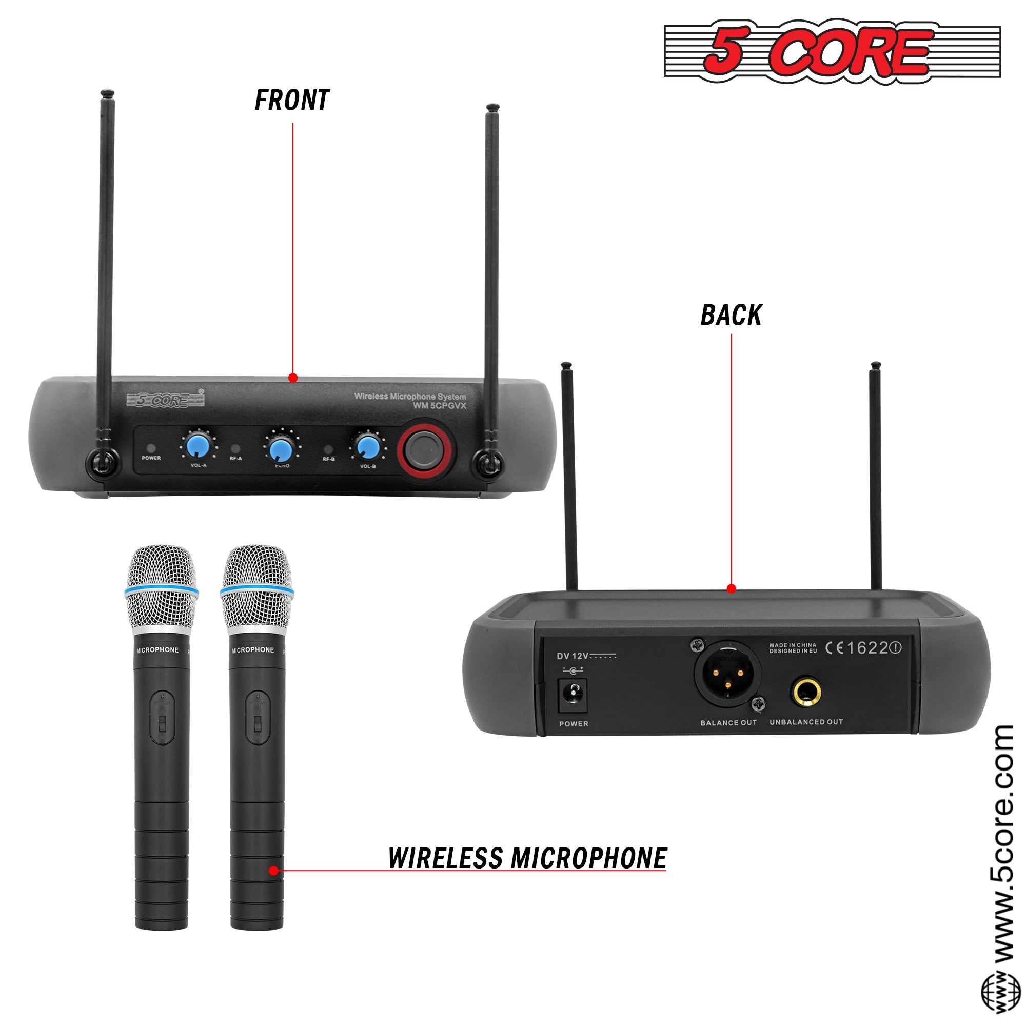 5 Core Dual Channel Wireless Mic System w 2 Microphones for Speaking Portable Cordless VHF Microfone System For Studio Karaoke Singing -WM 5CPGVX