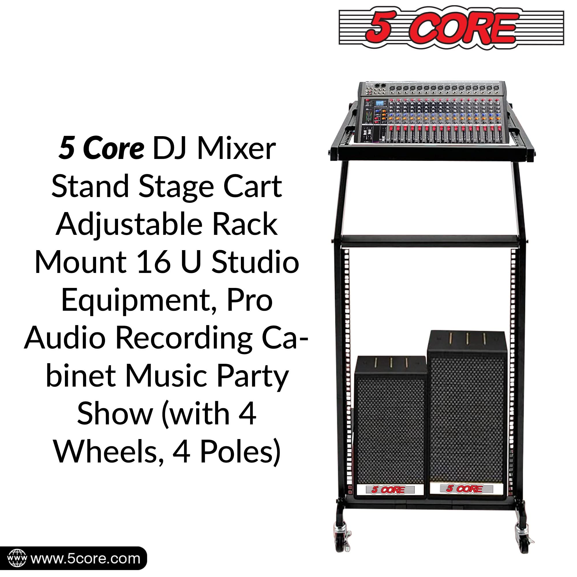 5Core DJ Mixer Stand 16U Adjustable Pro Audio Rack Mount Rolling Stage Cart w Wheel