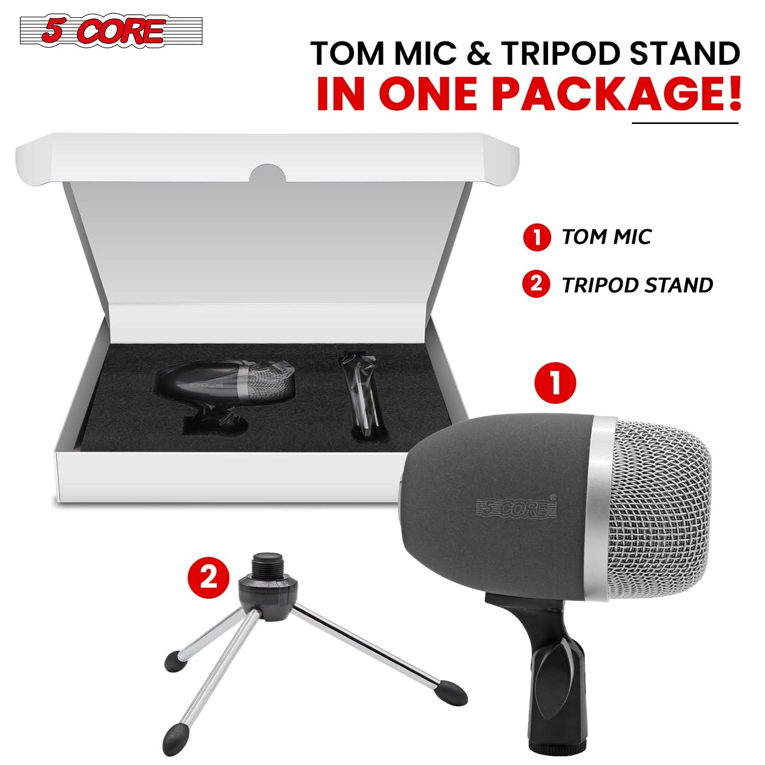 5Core Tom Snare Mic Cardioid Dynamic Microphone for Drum Kit Percussion Instrument BLACK