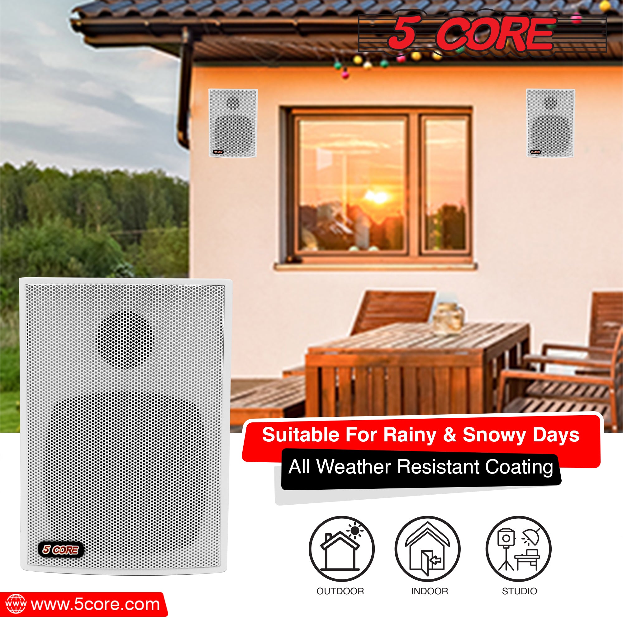 5 Core Wall Mount Speakers Outdoor 20W 1 Piece Stereo Wired Speaker White For Studio Patio Pool Home Office Commercial Places - 13T WH 1PK