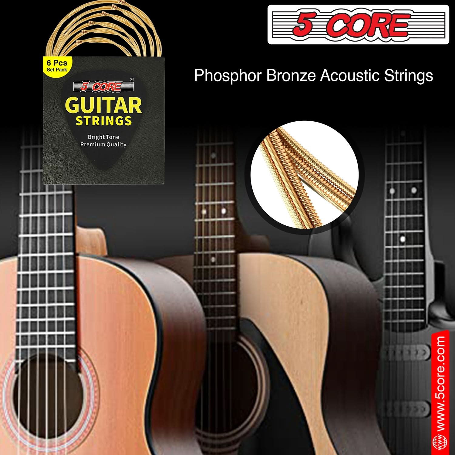 5Core Acoustic Guitar Strings 0.010-0.047 Steel Gauge w Deep Bright Tone for 6 String Guitars