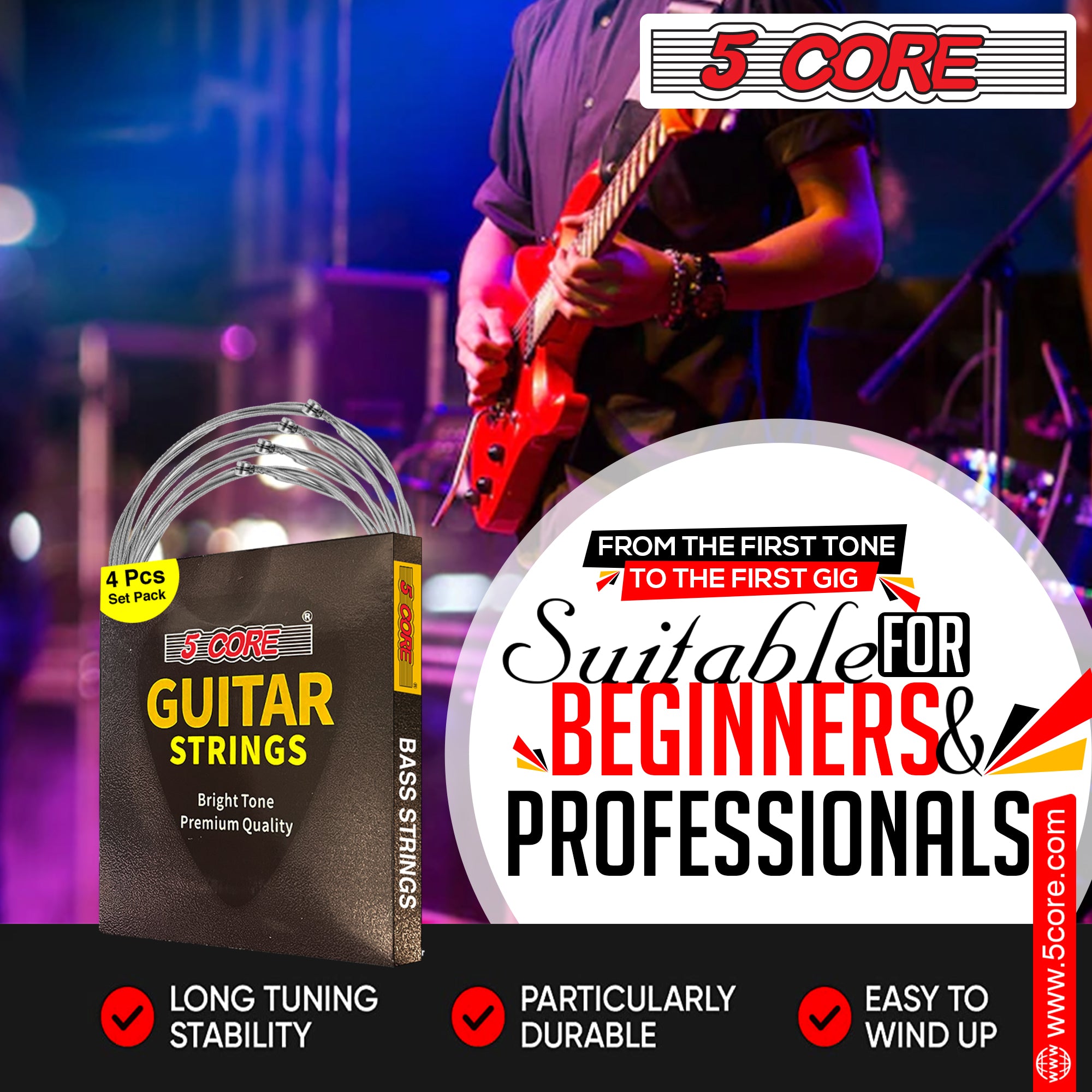 5 Core Bass Guitar Strings • 0.010-.048 Gauge • w Deep Bright Tone for 6 String Electric Guitars