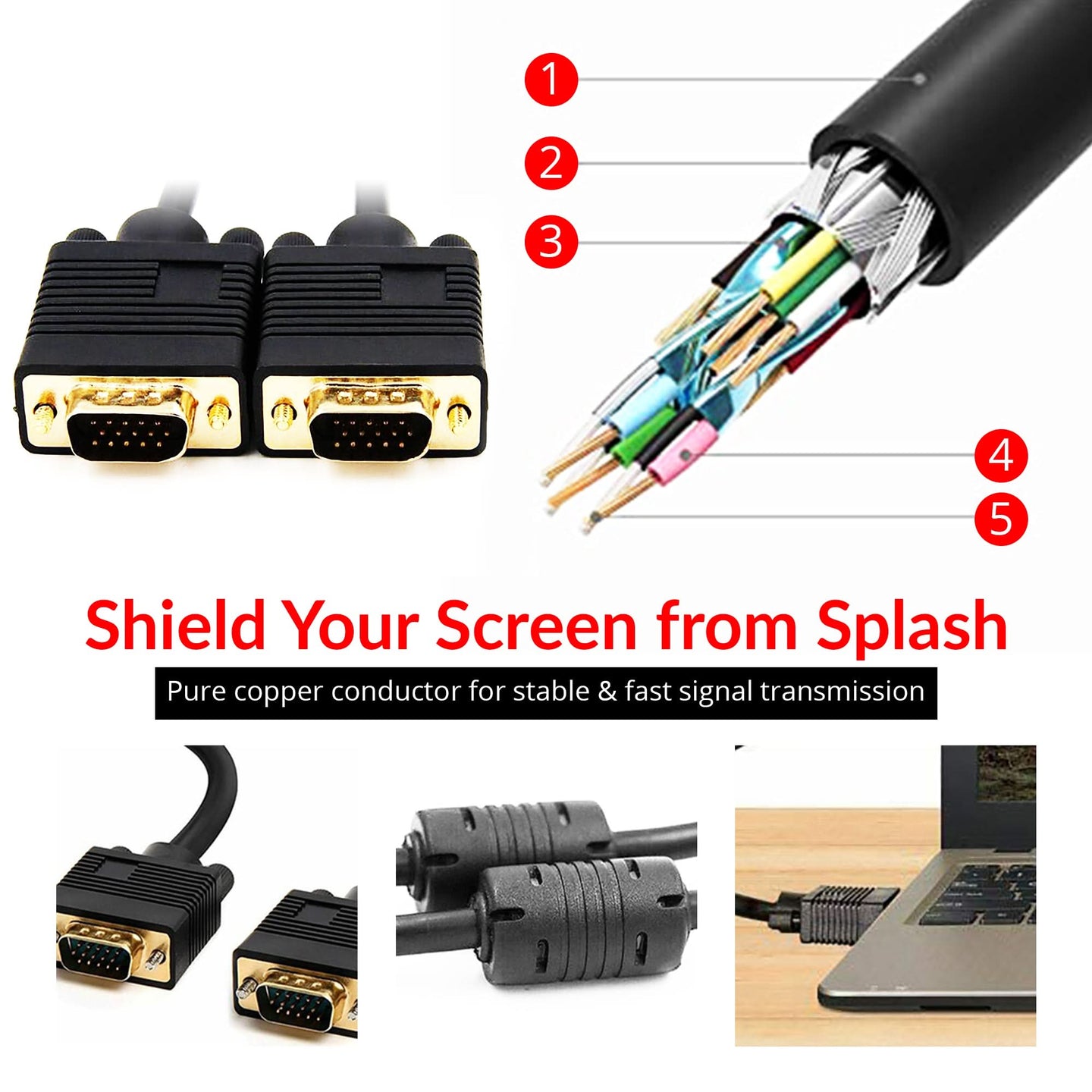 Our 15 pin VGA cord has pure copper conductors