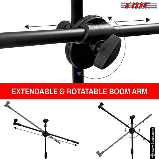 Adjustable mic arm with extendable and rotatable boom for flexible audio recording setups