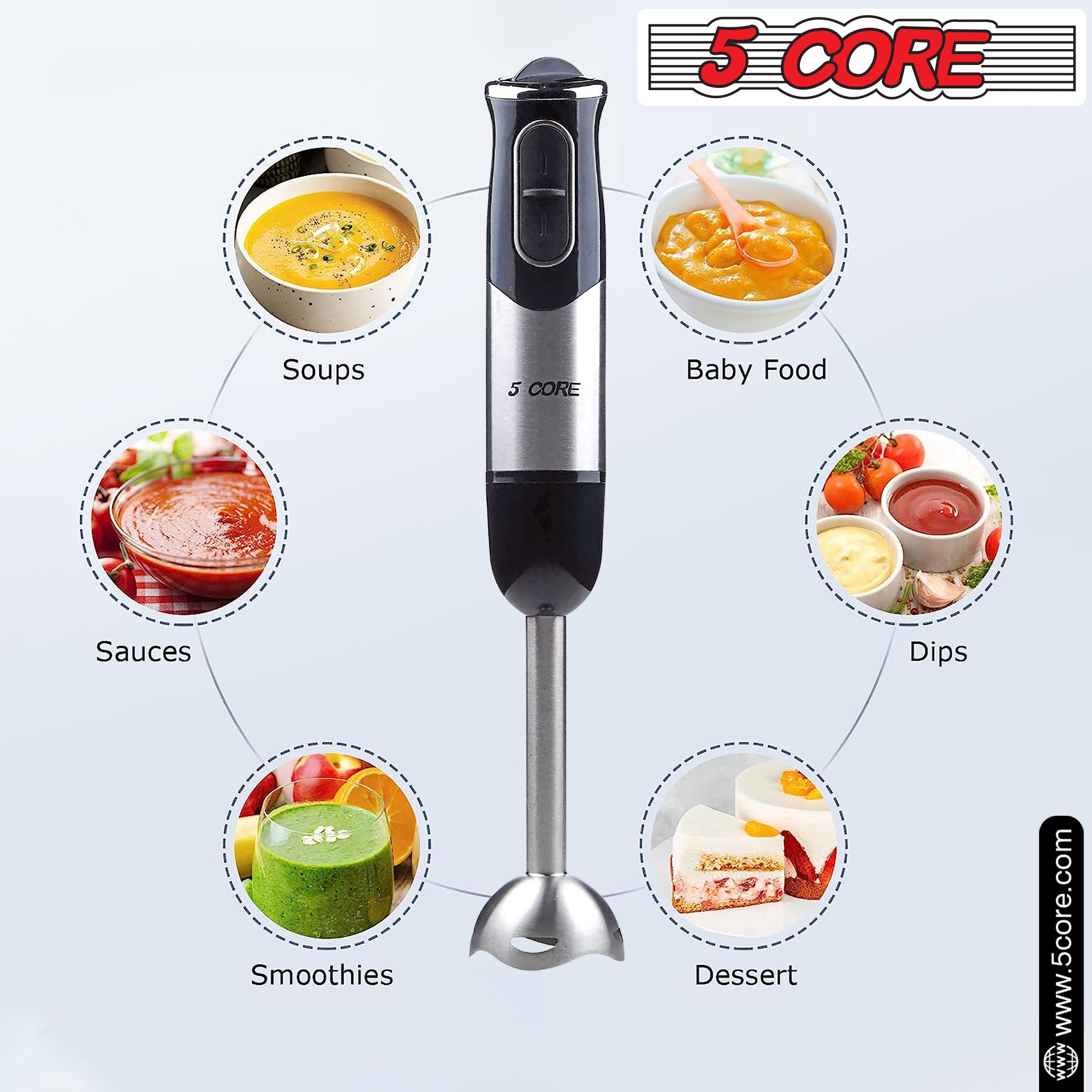 5 Core Immersion Hand Blender 500W Multifunctional Powerful Electric  Handheld Blender 8 Variable speed Emersion Hand Mixer Stick BPA Free HB 1510