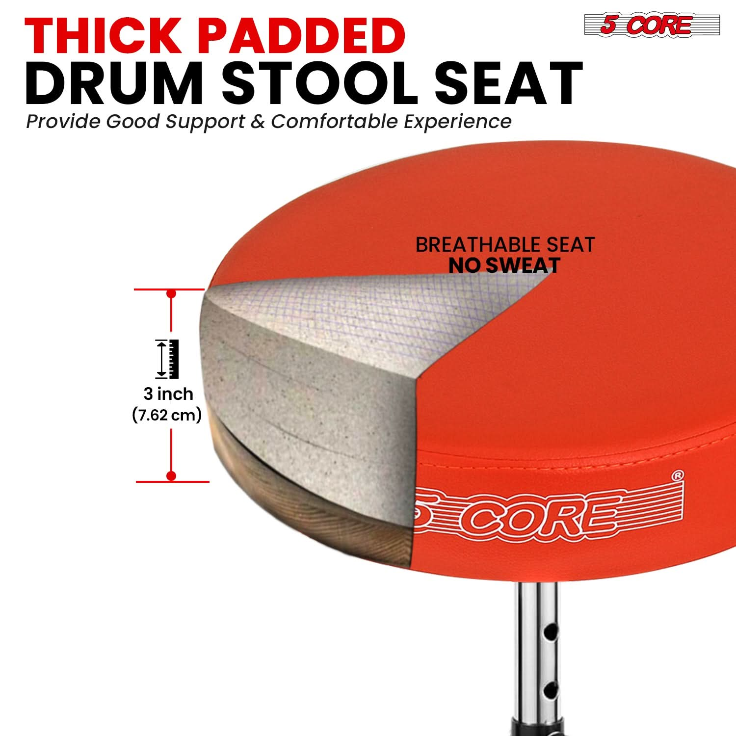 Thick padded drum stool for superior comfort and support during extended playing sessions