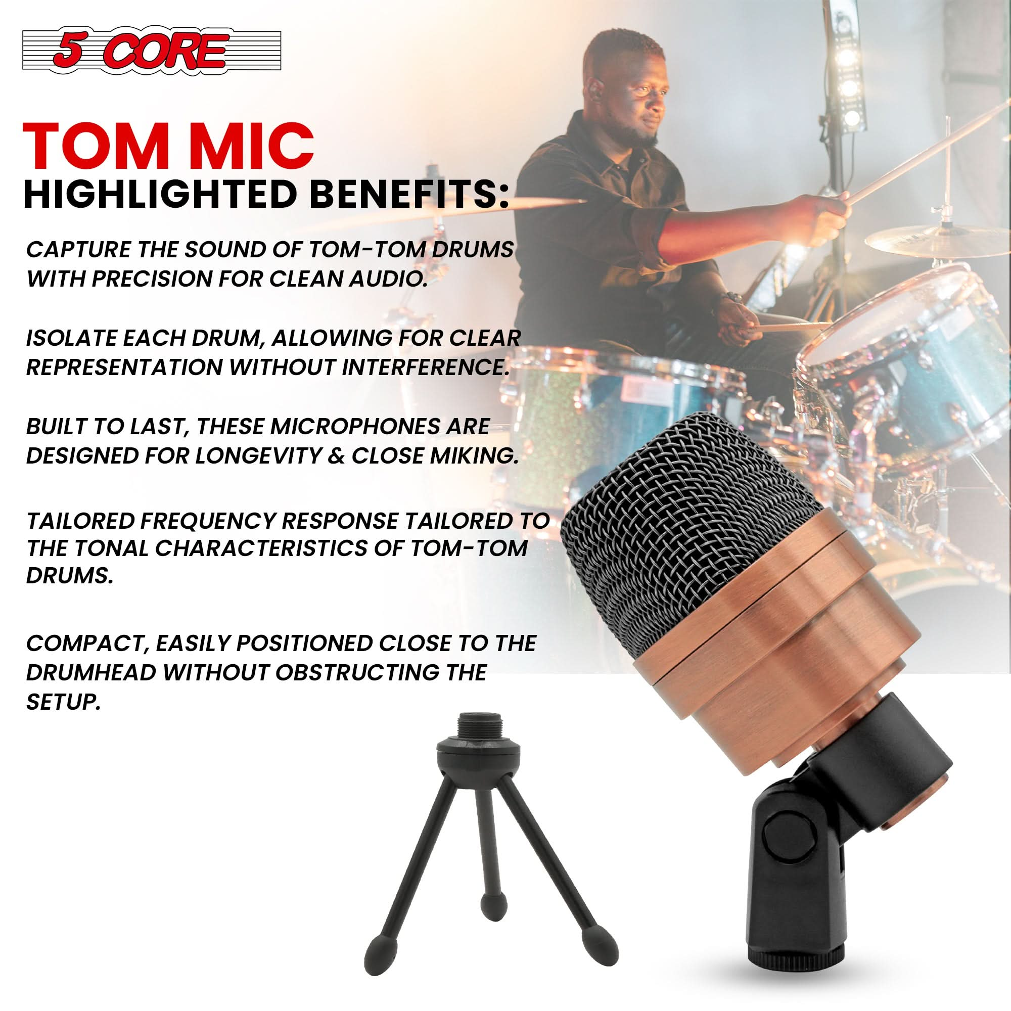 5 Core Tom Snare Mic Cardioid Dynamic Microphone for Drum Kit Precision Instrument COPPER