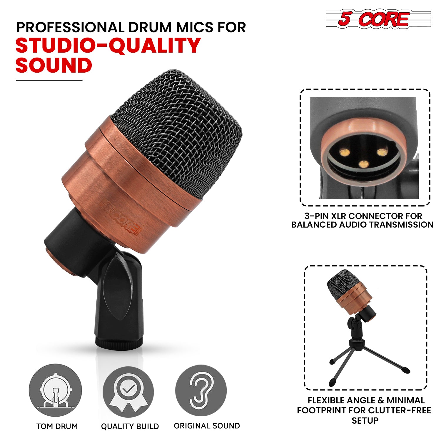 5 Core Tom Snare Mic Cardioid Dynamic Microphone for Drum Kit Precision Instrument
